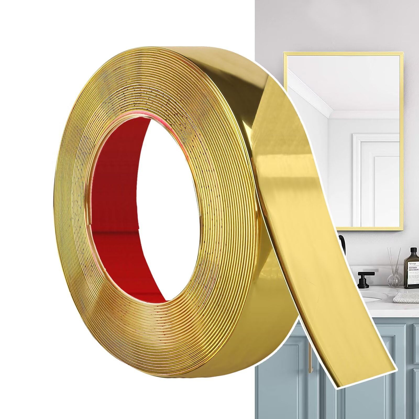 Hengrongshen Self Adhesive Moulding Trim Matte Gold (12M x 3cm) Flexible PVC Peel and Stick Wall Trim Decorative Edge Strip for Wall, Tile, Mirror, Window, Cabinet, Bathroom, DIY Trim — image 1