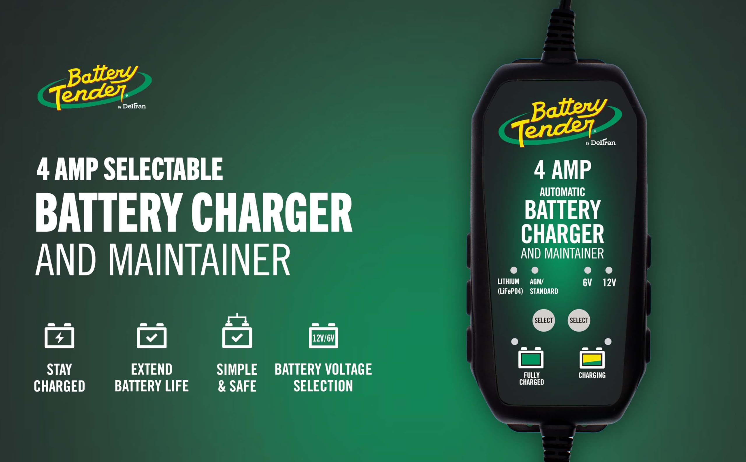 Battery Tender 4 AMP Car Battery Charger and Maintainer: Switchable 6V / 12V, Automotive Battery Charger and Maintainer for Cars, Trucks, and SUVs, Lead Acid & Lithium Battery Charger - 022-0209-BT-WH