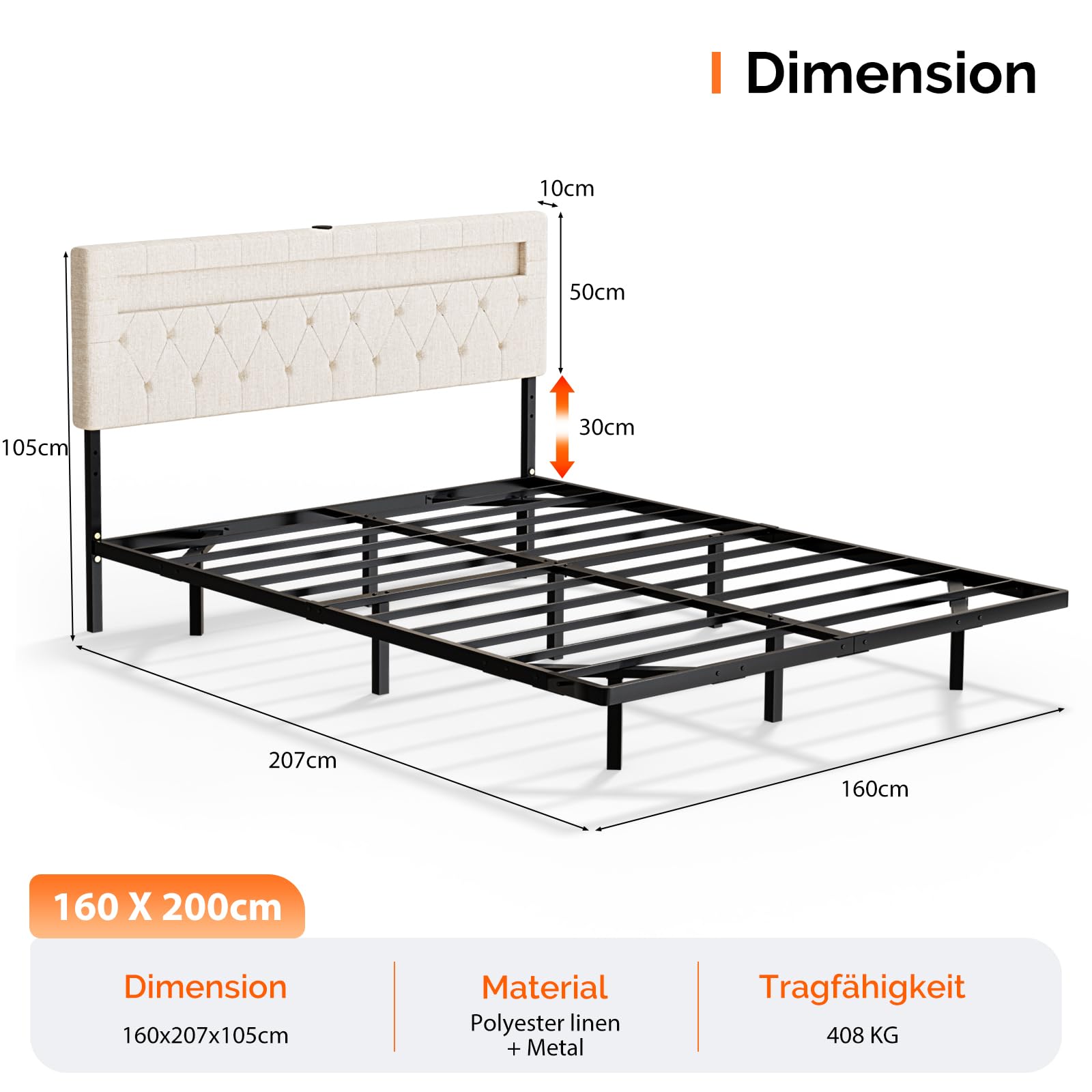 Bonnlo Struttura Letto Matrimoniale con LED e Ricarica, Letto Matrimoniale con Rete Doghe, Effetto Lino (senza materasso) (Beige, 160x200cm)