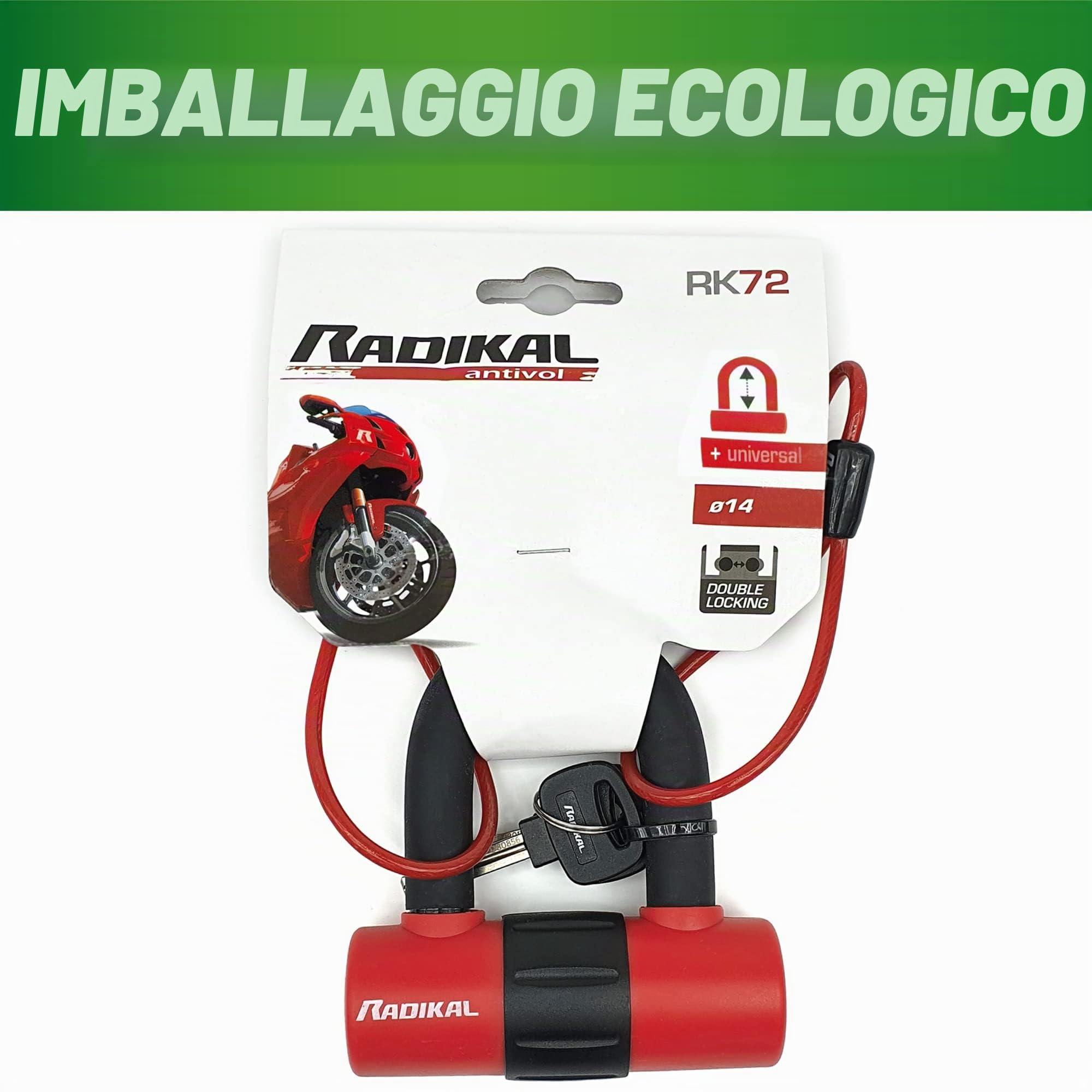 Radikal RK72120L Antifurto Moto Doppia Funzione 2 in 1 Catena Sistema ad Anello 120 cm e Mini U 14mm blocca Disco