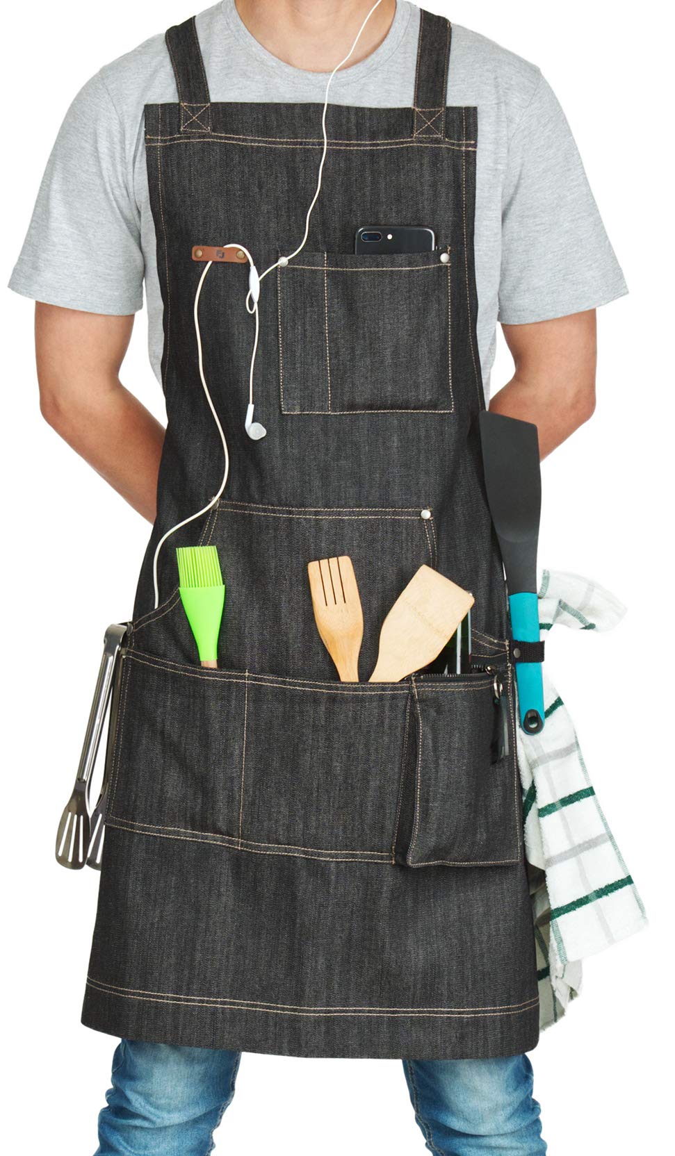 fjackets Aprons for Men & Women, Adjustable Denim Apron with Multiple Pockets, Ideal for BBQ Accessories - Work Aprons