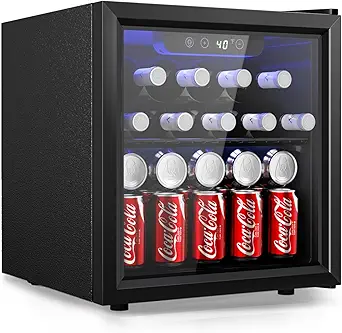 EUHOMY 48 Can Beverage Refrigerator cooler-Mini Fridge Glass Door for Beer Drinks Wines, Countertop Beverage Fridge with Adjustable Shelves Blue LED for Home/Office/Dorm/Bar, 1.3 cu.ft