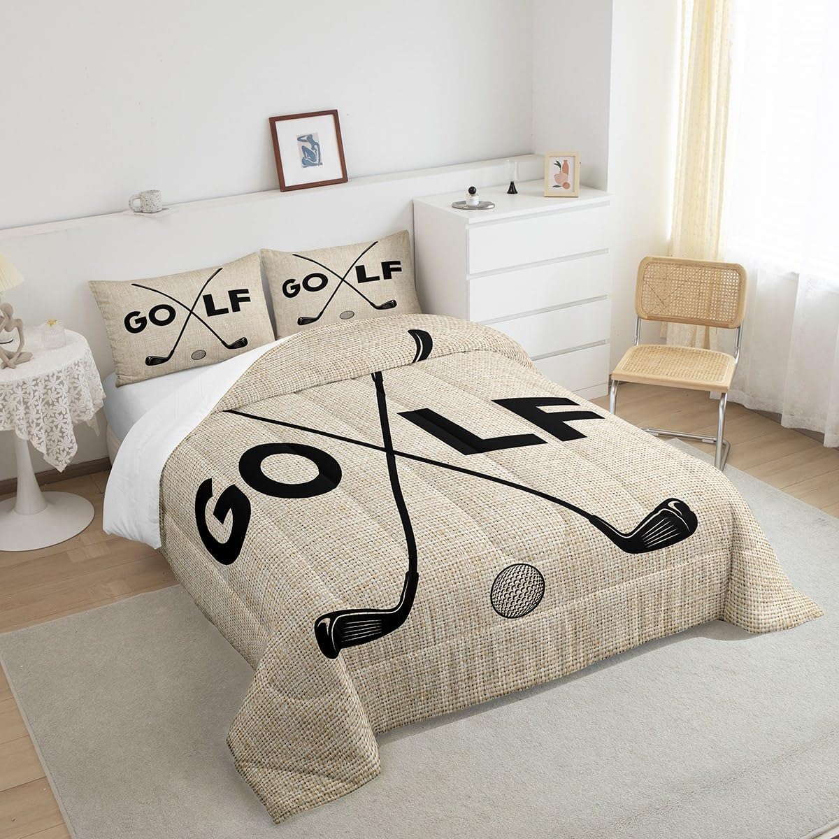Golf Sports Bedding Set Full Size Black Sketch Golf Ball Comforter Set 3Pcs Rustic Farmhouse Khaki Grid Quilt Set for Teens Adult Men Room Decor Golf Games Lover Duvet Insert,2 Pillowcases