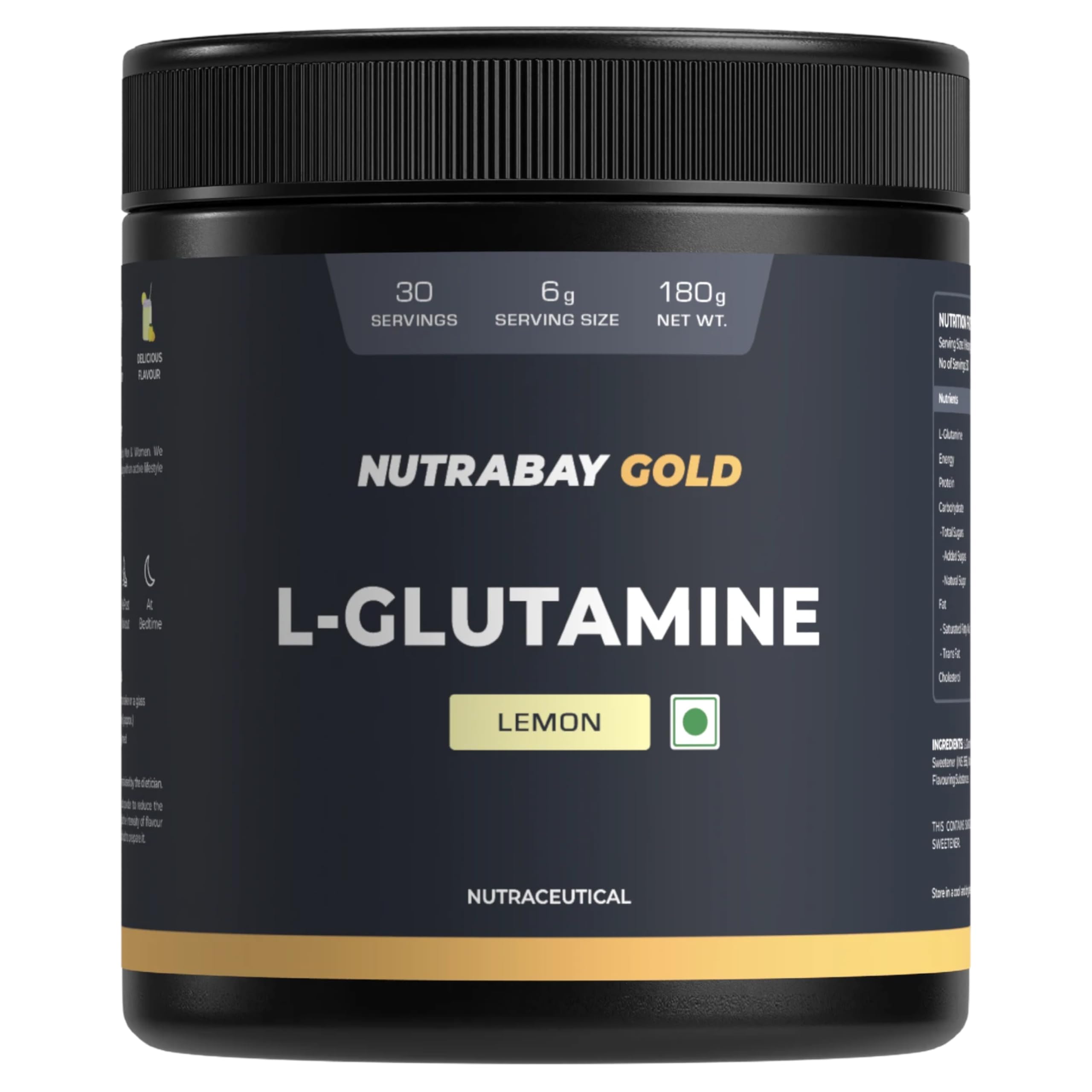 Nutrabay Gold L-Glutamine Supplement Powder 180g, Lemon Flavor – Post Workout Amino Acid for Muscle Growth & Recovery | 100% Authentic Supplement | No Banned Substances | Tested for Purity