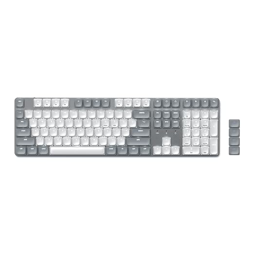 SATECHI Teclado mecânico sem fios SM3, QWERTY americano, Bluetooth com teclado numérico, 108 teclas, retroiluminado e recarregável para jogos e escritório, Mac e Windows, cinzento claro, distribuição