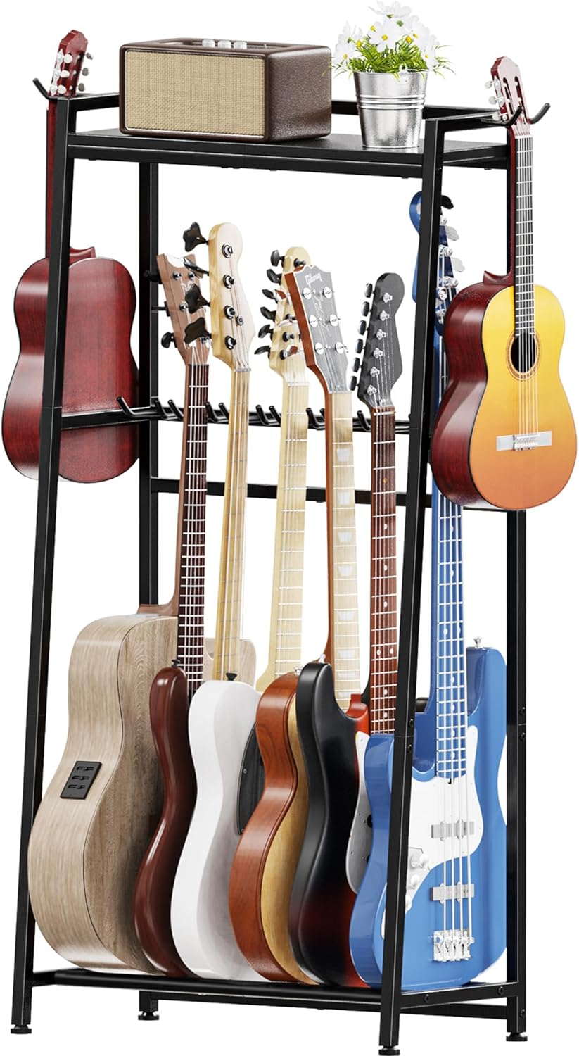 Guitar Stand, Guitar Rack Holder for Acoustic Guitar, Electric Guitar, Bass Display Stand, Multiple Guitar Rack Holder for 7-9 Guitars, Guitar Amp Accessories, for Home Music Studio, Black
