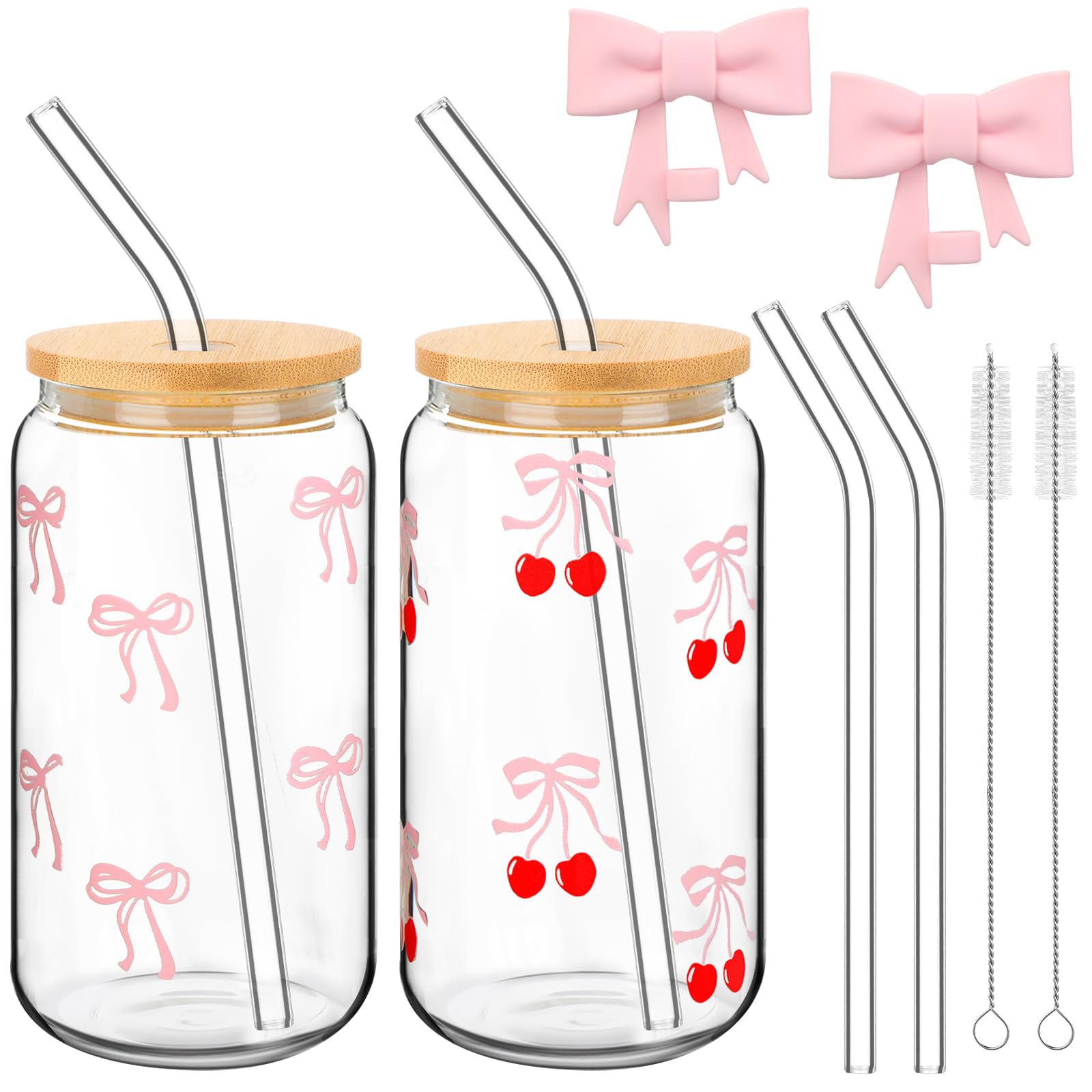 Zernblend 1 Stück 16 Oz Glas mit Deckel und Strohhalm, 1 Transparenter Beutel und 1 Pinsel, Clean Girl, Pink Stuff, Aesthetic