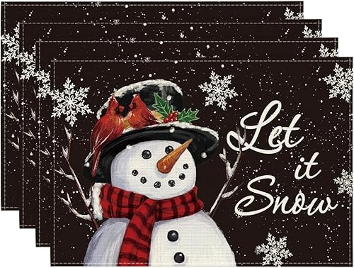Miniatura 18 de Artoid Mode Juego de 4 manteles individuales de invierno con muñeco de nieve gris, 14 pulgadas, manteles redondos estacionales de Navidad para