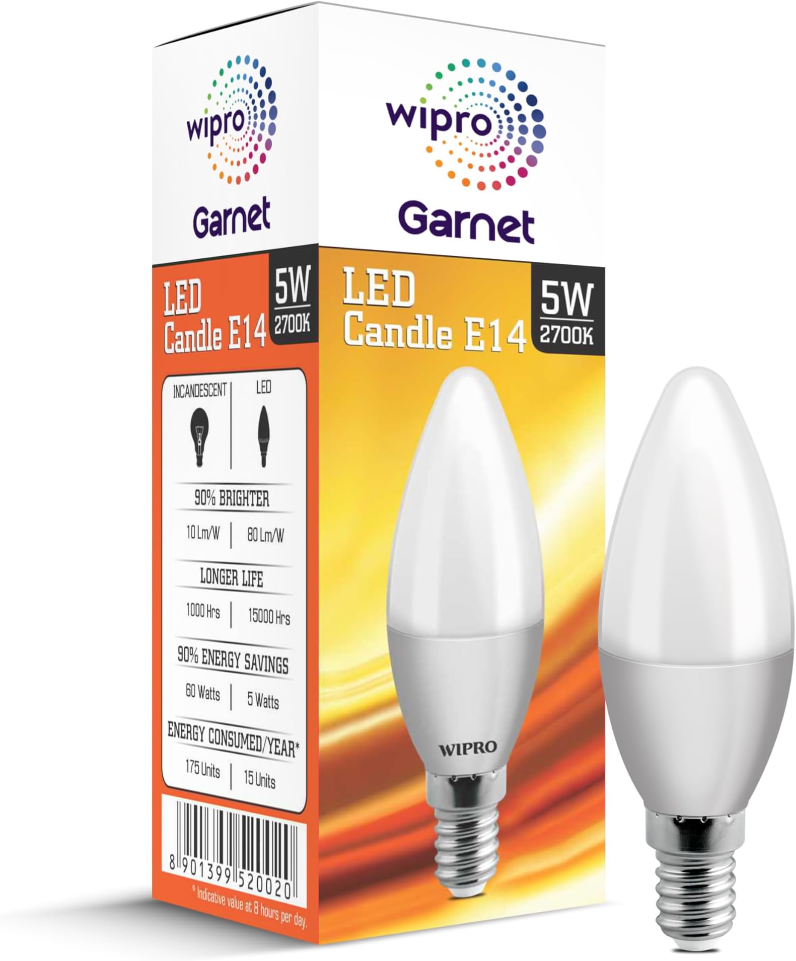 Wipro Garnet 4.5 W E14 Base Frosted Candle LED Bulb | Warm White (2700K) | Pack of 1 | Clear optics for sparkling effect | LED Filament Bulb for Home, office, chandellior, decorative lamp shade