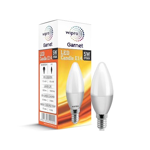 wipro Garnet 5 W E14 Base Frosted Candle LED Bulb | Warm White (2700K) | Pack of 1 | Clear optics for sparkling effect | LED Filament Bulb for Home, office, chandellior, decorative lamp shade