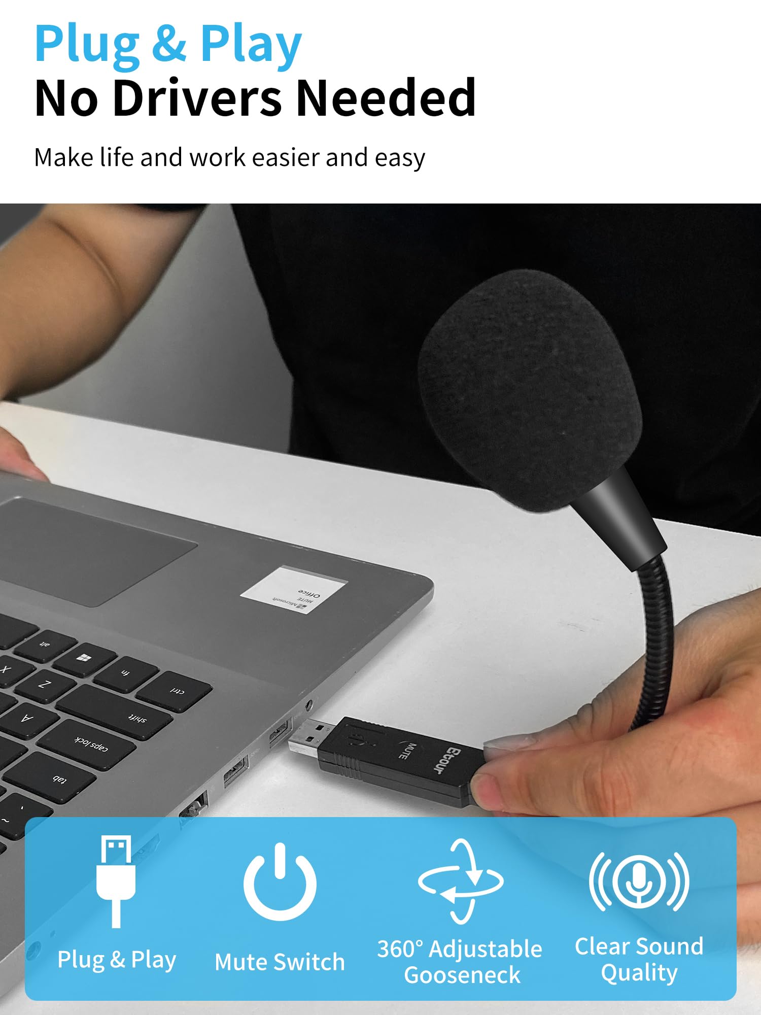 Mini microfono USB a collo di cigno per laptop, piccolo microfono cardioide a condensatore USB, pulsante mute con indicatore LED per PC e Mac, Plug & Play, lavoro a distanza online, riunioni di