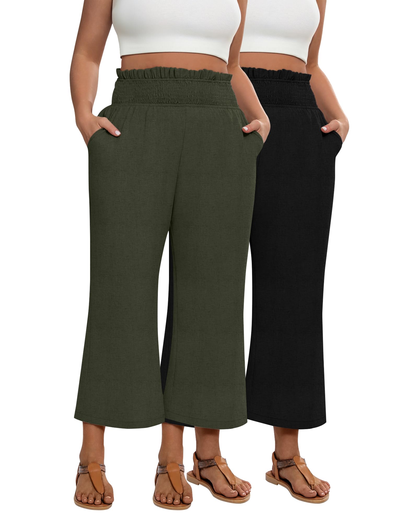 Oakgarden 2 Pack Women's Plus Size Linen Pants, Elastic Waist Flowy Cropped Pants Casual Wide Leg Capri Palazzo Trousers