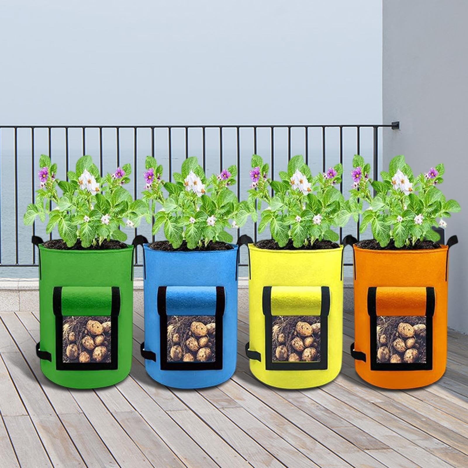 Sacos de Cultivo de Patatas Macetas de Tela para Vivero | 4 piezas contenedores tela cultivo con ventana y asa Zanahorias Cebollas Ajos Rábanos Taro Tomates Jardinería Vivero