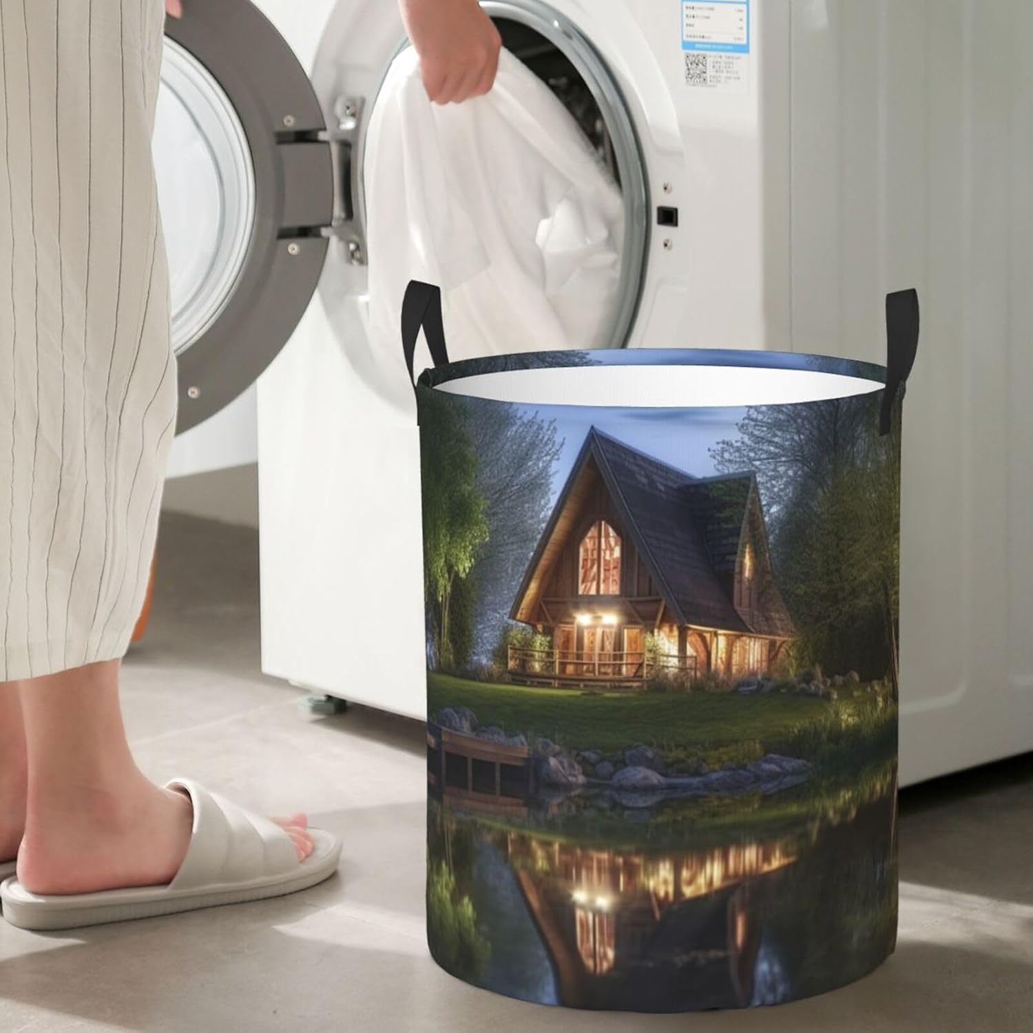 Chalet by the lake print Circular Hamper Waterproof Storage Bin Organizer Basket Laundry Hamper With Handles For Clothes Toys Small