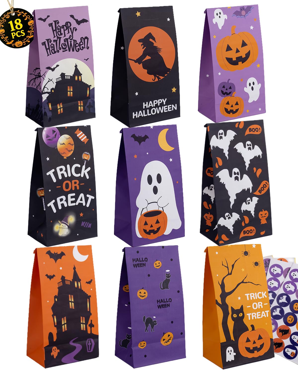 AMAZINGHOME Halloween Treat Bags with Stickers - 12 x 8 x 24 cm, 18 Pack,Gift Treat Bags for Halloween Parties & Trick or Treat