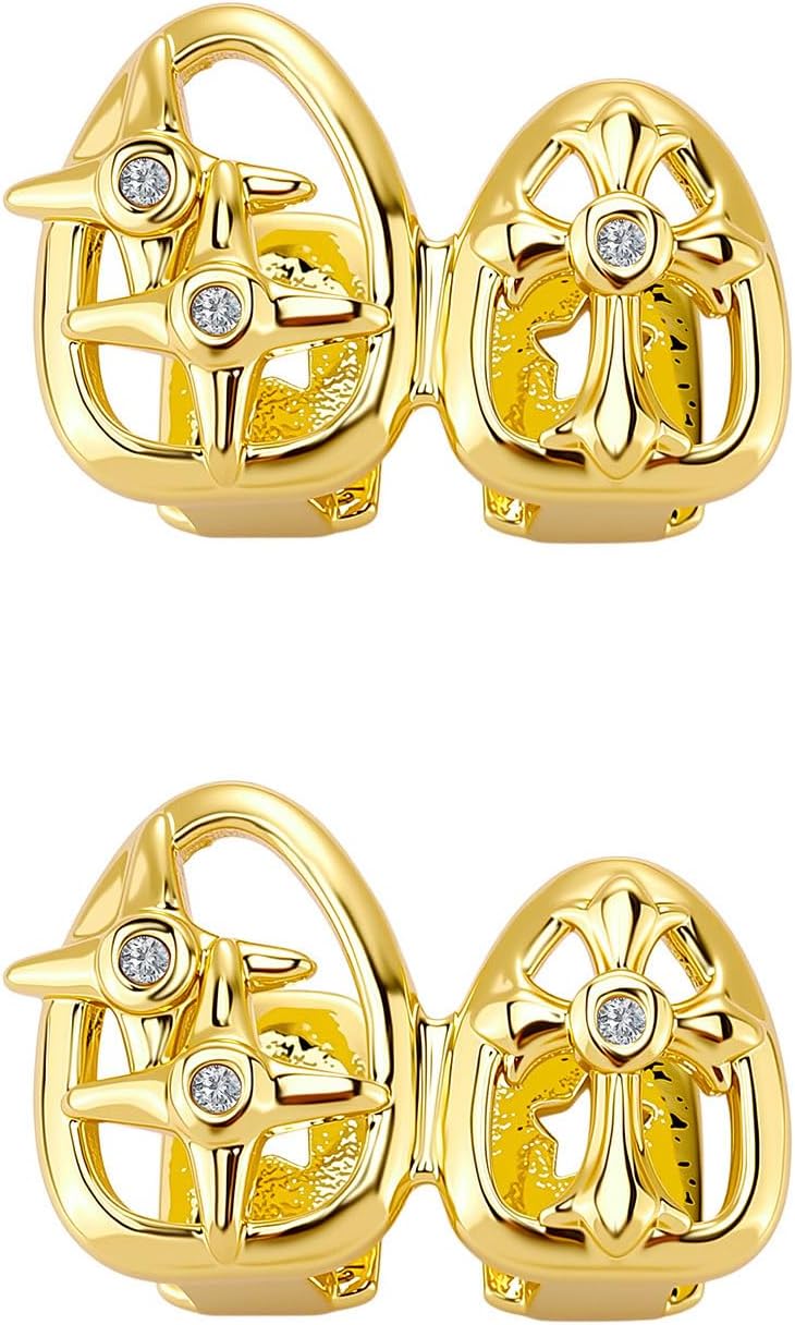2Pcs 14K Gold Plated Hip Hop Grillz Set Fake Tooth Cap Cross Star Diamond Teeth Grills for Your Teeth Grillz for Men Women Rapper Halloween Costume