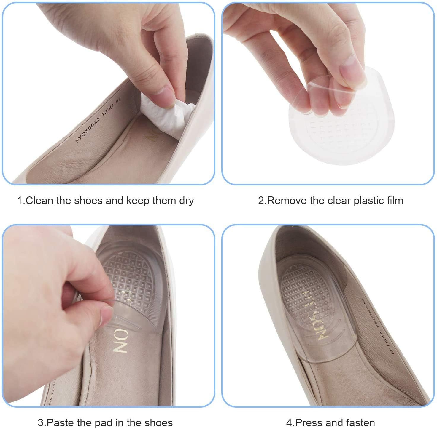 LOVE MEI Silicone Gel Heel Cups - Shoe Inserts for Plantar Fasciitis, Sore Heel Pain, Bone Spur & Achilles Pain - Pad and Shock Absorbing Support for Women (2 Pairs/4Pcs)