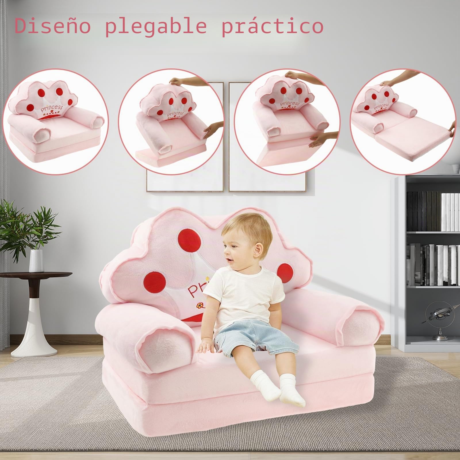 Sofá infantil desplegable 2 en 1, sillas suaves para niños pequeños con asa, 80×50 cm, sillón lounge para bebé, sofá de juegos convertible en tumbona para niñas y niños de 1 a 4 años, sala de juegos