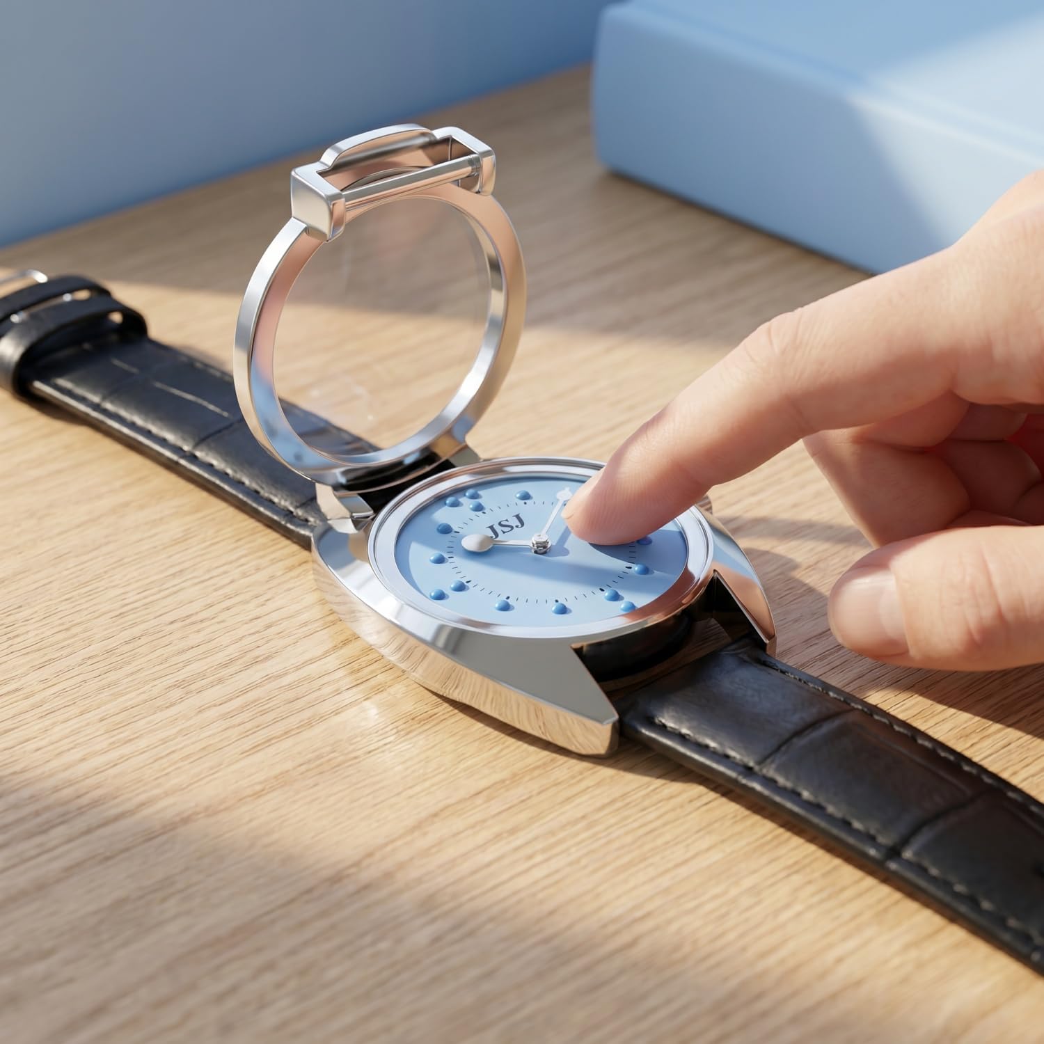 Blindenuhr taktile Armbanduhr für Sehbehinderte,Blinde oder ältere Menschen Blau Zifferblatt mit Lederarmband