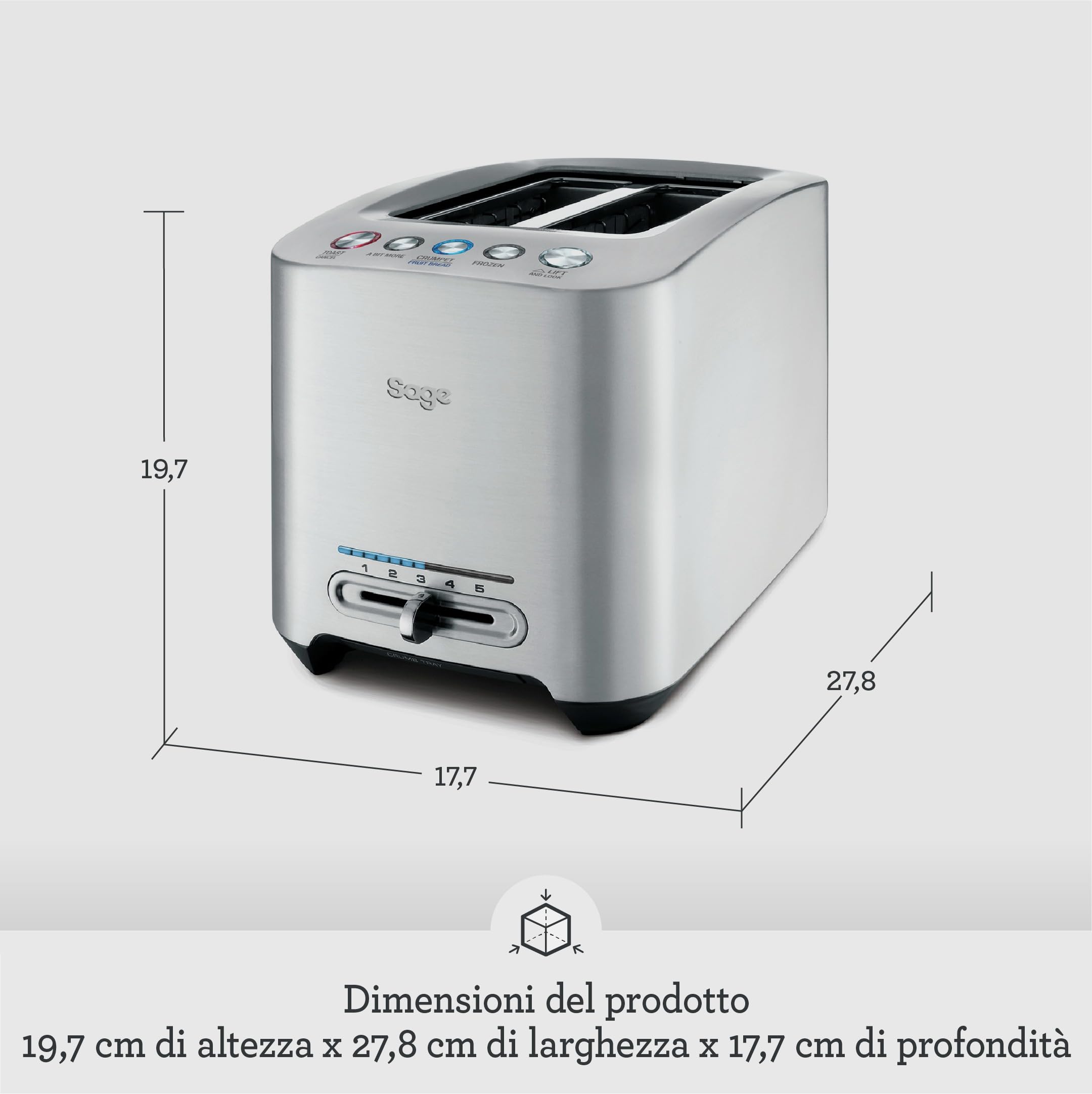 Sage - The Smart Toast - Tostapane Intelligente a 2 Fette - Alluminio Spazzolato | 2 Fessure Extra-Larghe, Controllo Doratura Variabile, Funzioni a Bit More, Lift e Look e Bagel; Abbassamento Automatico