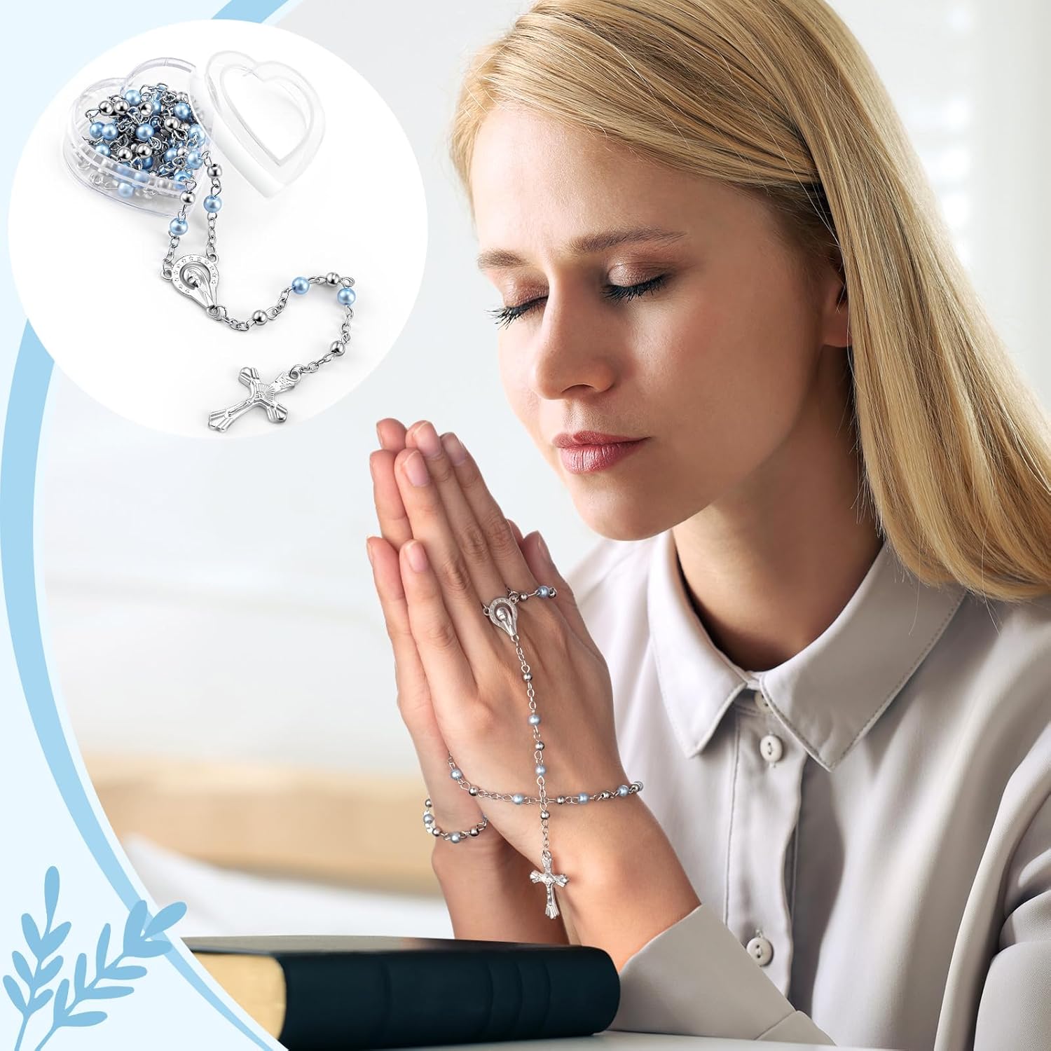 ROCEEI Catholic Rosary Necklace 4 mm Glass Beads Rosary Favors Crucifix Prayer with Faux Pearl with Heart Shaped Box and Organza Bag for First Communion Baptism