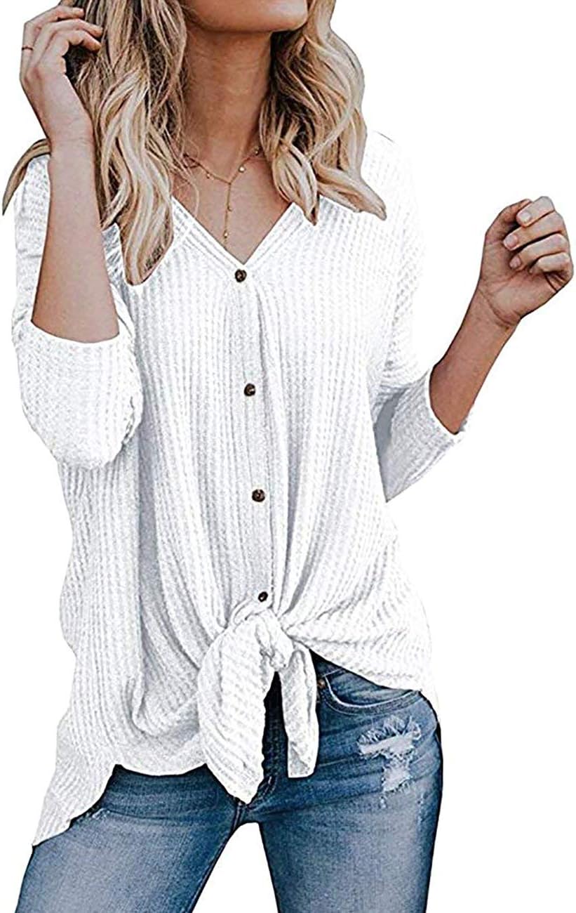 Womens Long Sleeve Knit Button Tunic Blouse Front Tie Batwing Henley Tops