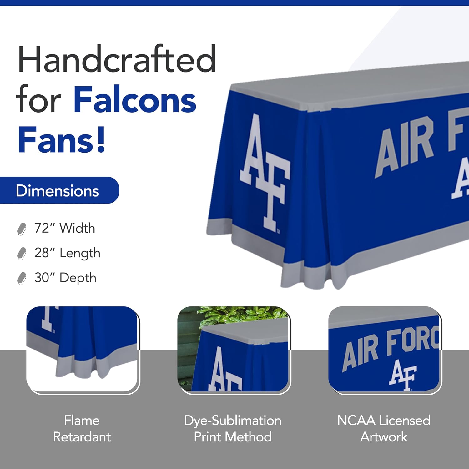 Victory Corps Air Force Falcons College Sports Printed Table Throw - NCAA Licensed - Polyester - School Tablecloth (Blue, White) (6' Draped)