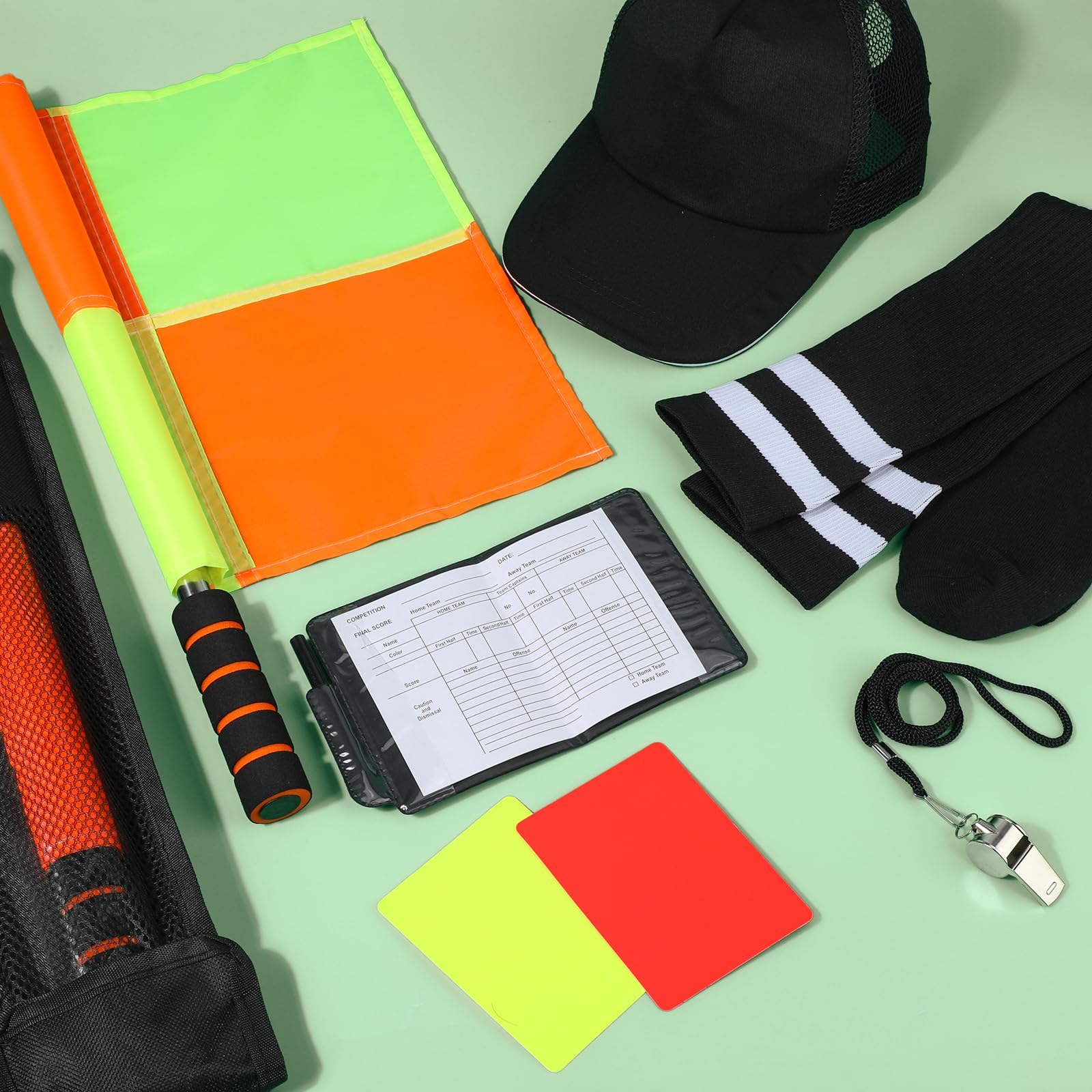 Kit Arbitro Calcio, Fischietto Arbitro Cartellini Rossi e Gialli con Fogli Portafogli Cappello per Giochi di Calcio, Sport Scolastici e Sport