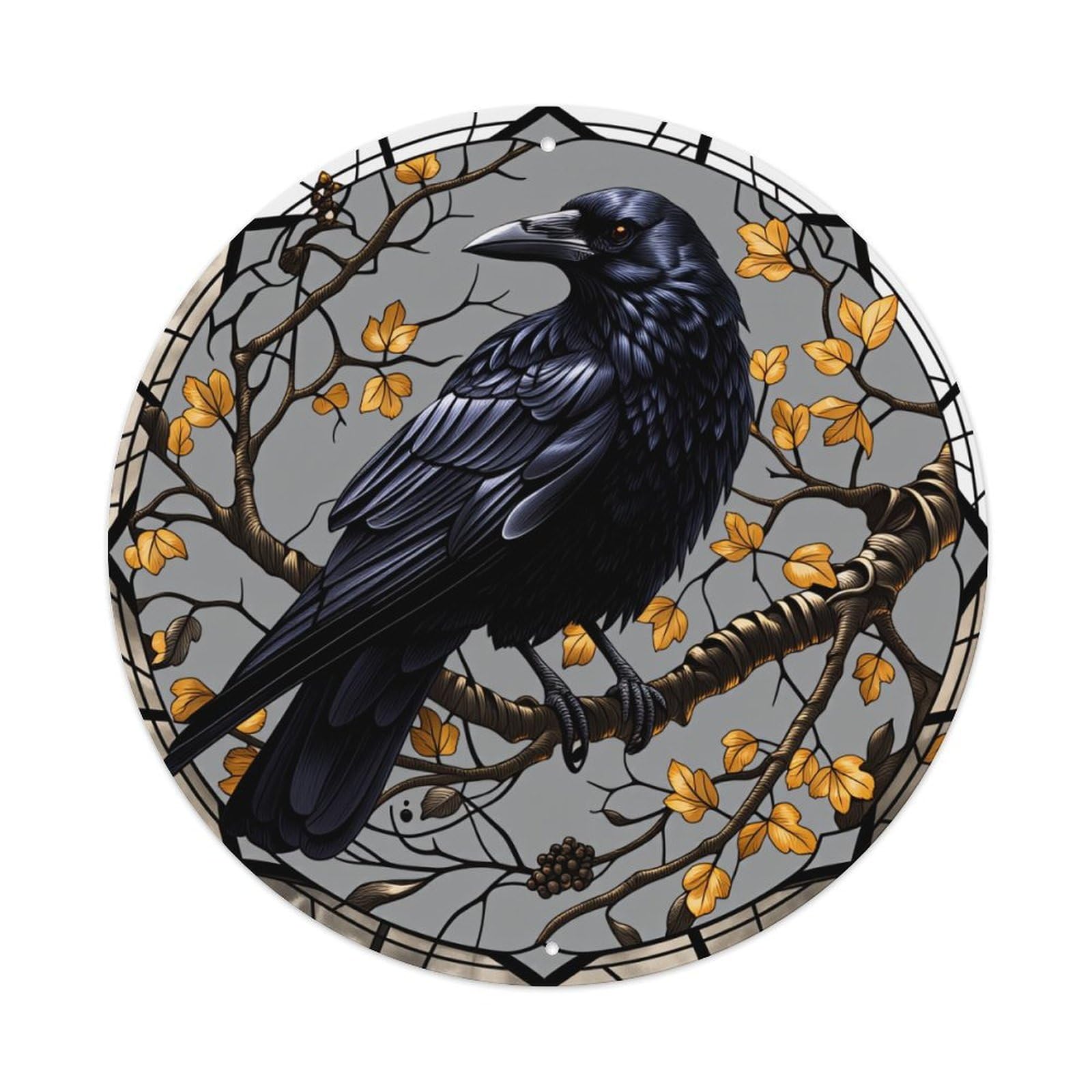 Crow On Autumn Branches Round Tin Sign Vintage Metal Poster Retro Bar, Home, Man Cave, Kitchen, Laundry Room Wall Art Decor Gift 8x8Inch