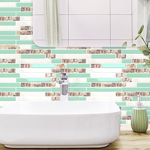 Miniatura 5 de 10 hojas de azulejos autoadhesivos para salpicaduras de 12 x 12 pulgadas, para cocina, baño, decoración de pared, estilo costero, playa, color beige