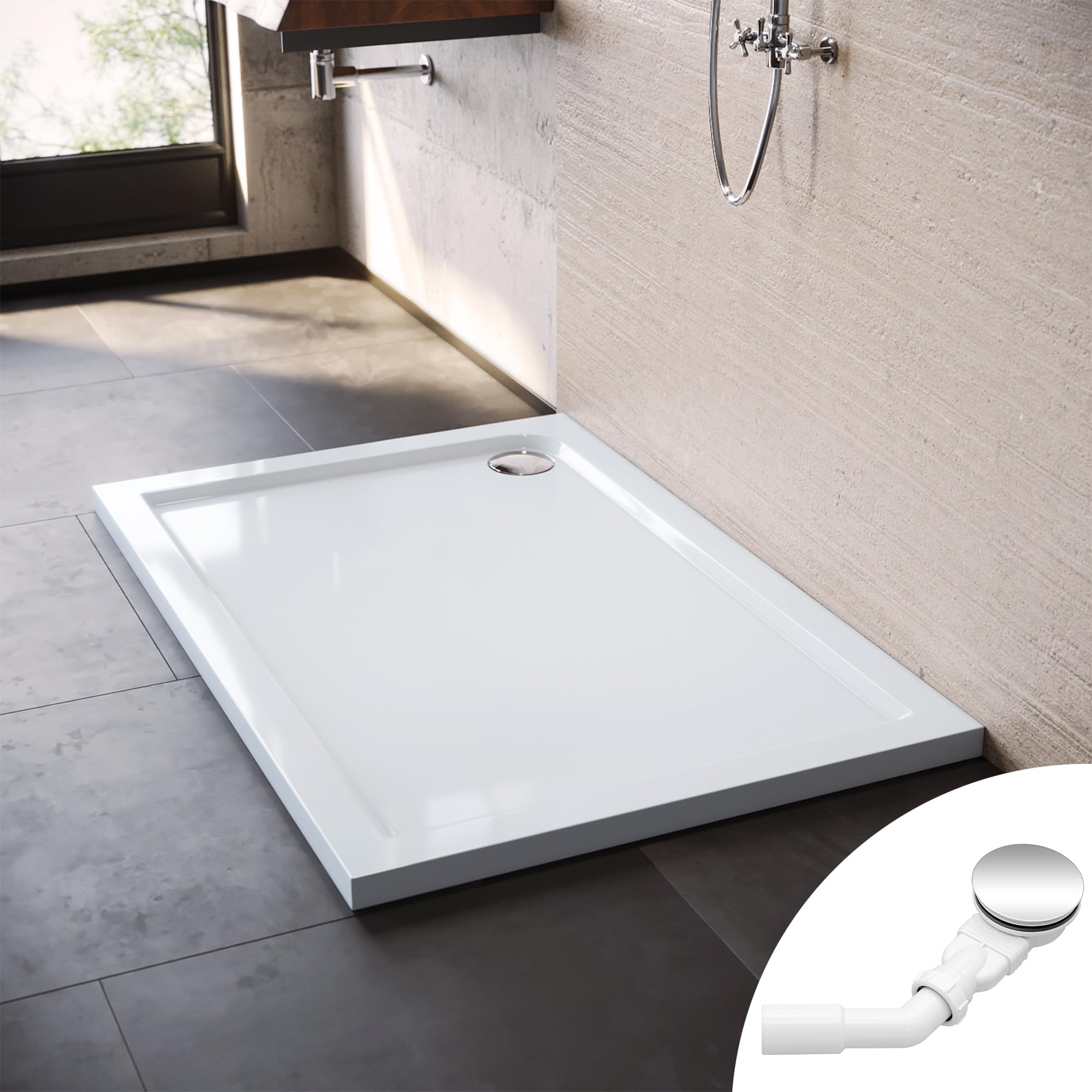 SONNI Piatto Doccia Quadrato Antiscivolo in Acrilico ABS, Bianco, 120 x 80 x 4 cm, con Scarico incluso
