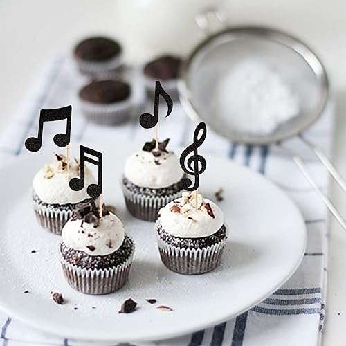 Miniatura 5 de 24 piezas de notas musicales para cupcakes, con purpurina negra, símbolos musicales para magdalenas para música rock, concierto, tema de baby