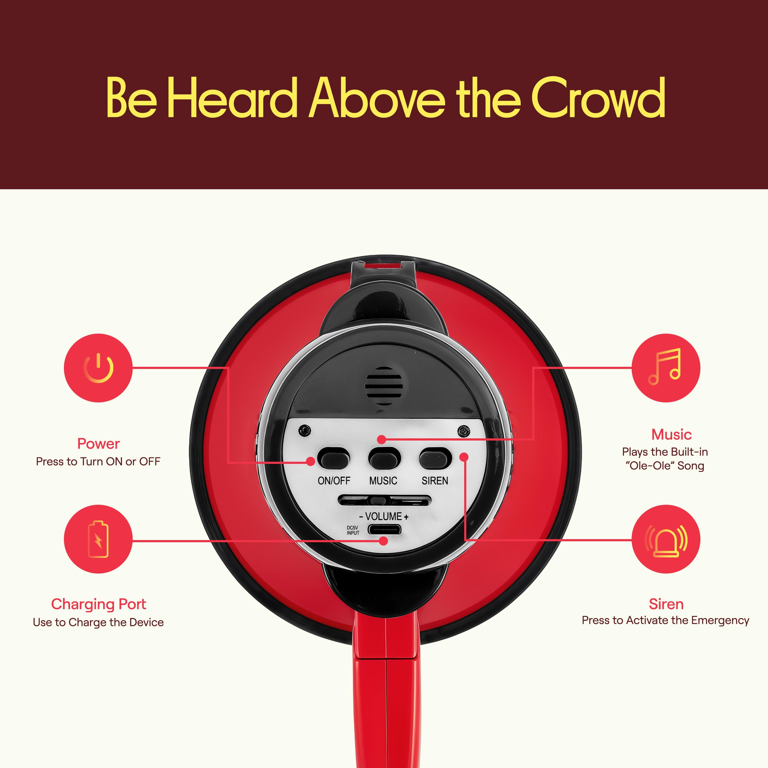 Pyle Mégaphone portable avec sirène | Sortie mégaphone légère de 30 W, portée de 914 m et charge USB-C | Modes conversation et musique pour écoles, sports, événements et annonces | Rouge foncé