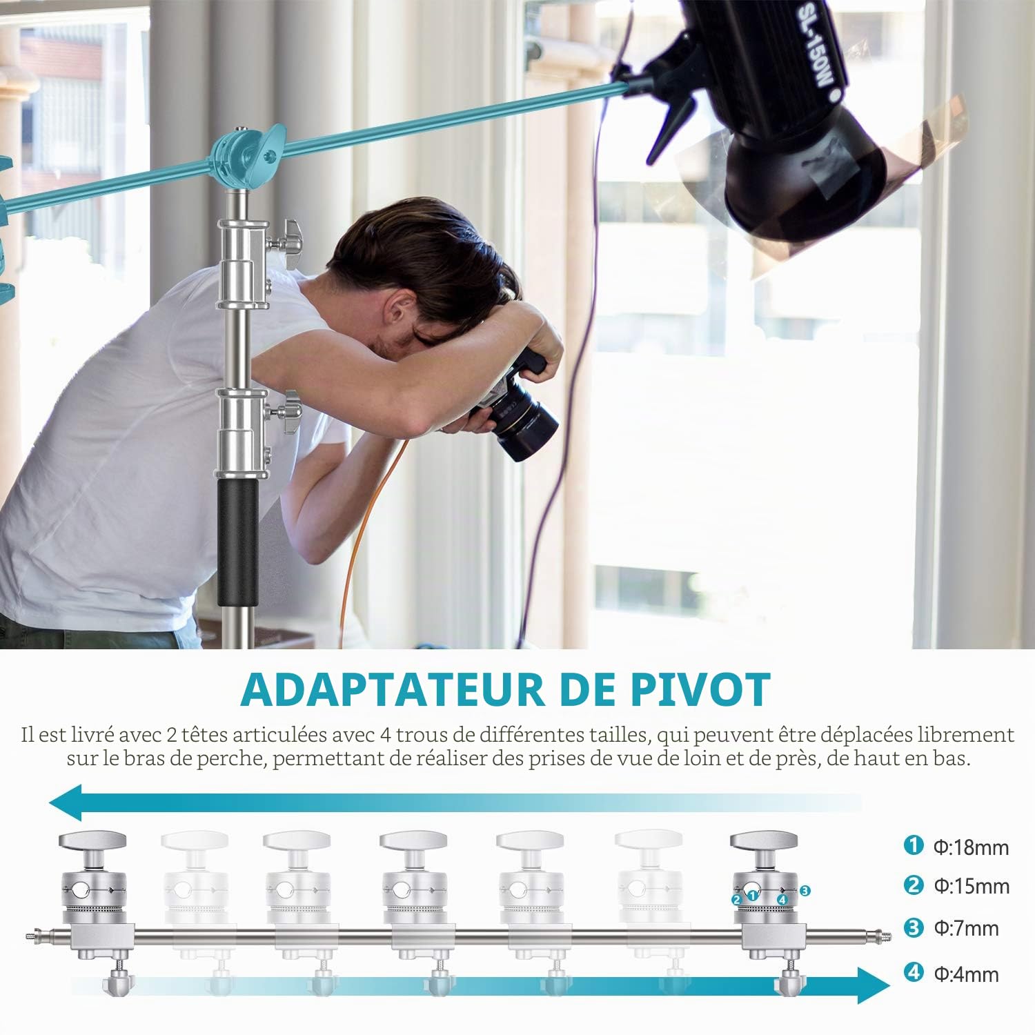 Neewer Support d'éclairage en C de 3 m avec Bras d'extension de 1,2 m, 2 têtes de préhension et Sac de Transport pour réflecteur vidéo, Parapluie, monolight, etc. (Version Basique)