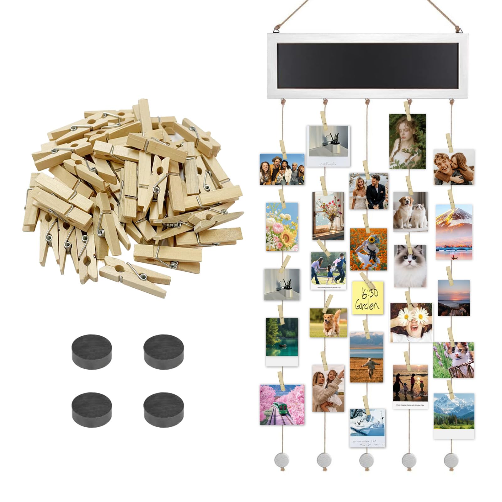 Pêle-mêle photo mural avec pinces en bois et stickers magnétiques