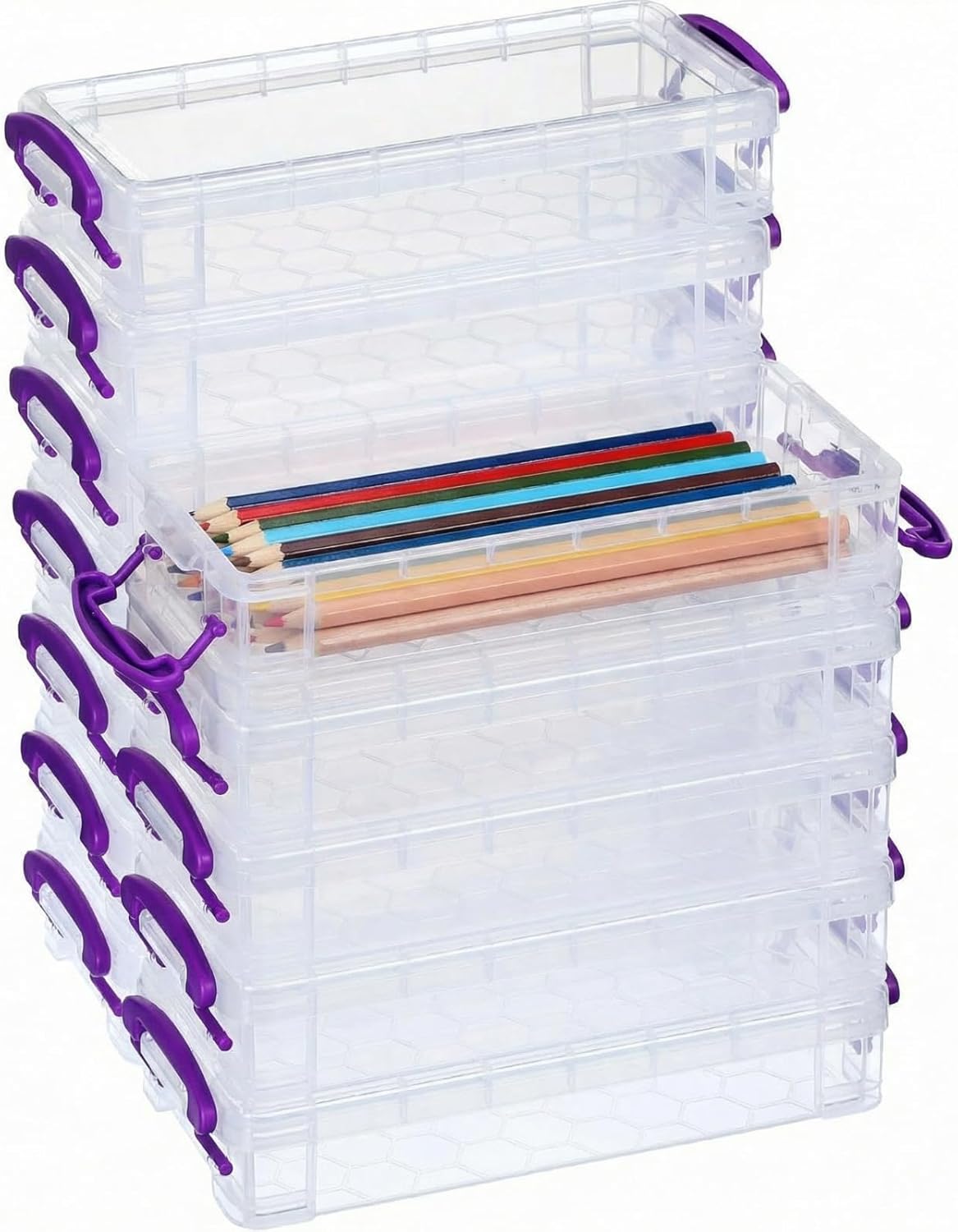 Zonon Large Capacity Pencil Box Stackable Clear Plastic Storage Organizer Painting Brush Storage Box Translucent Watercolor Pen Case with Snap Button Lid（Purple, 12 Pcs）