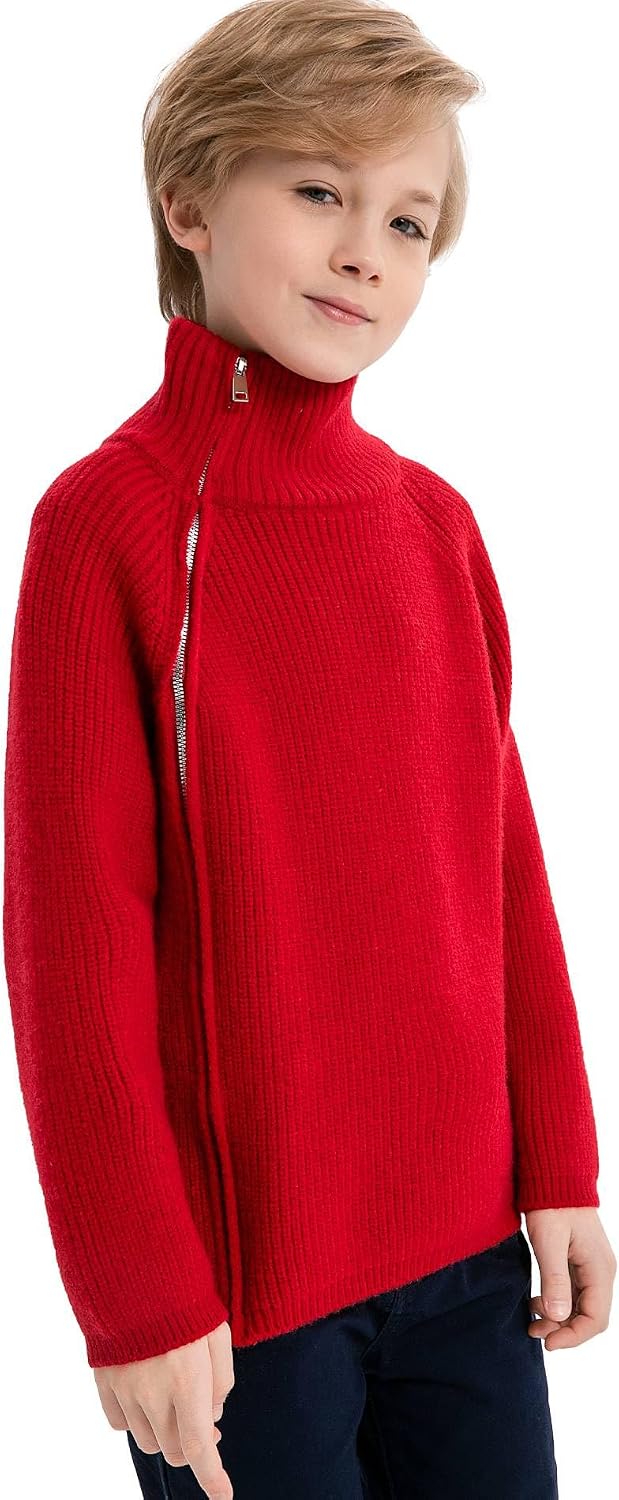 SMILING PINKER Boys Sweater Pullover Diagonal Full Zip High Neck Casual Loose Knit Top