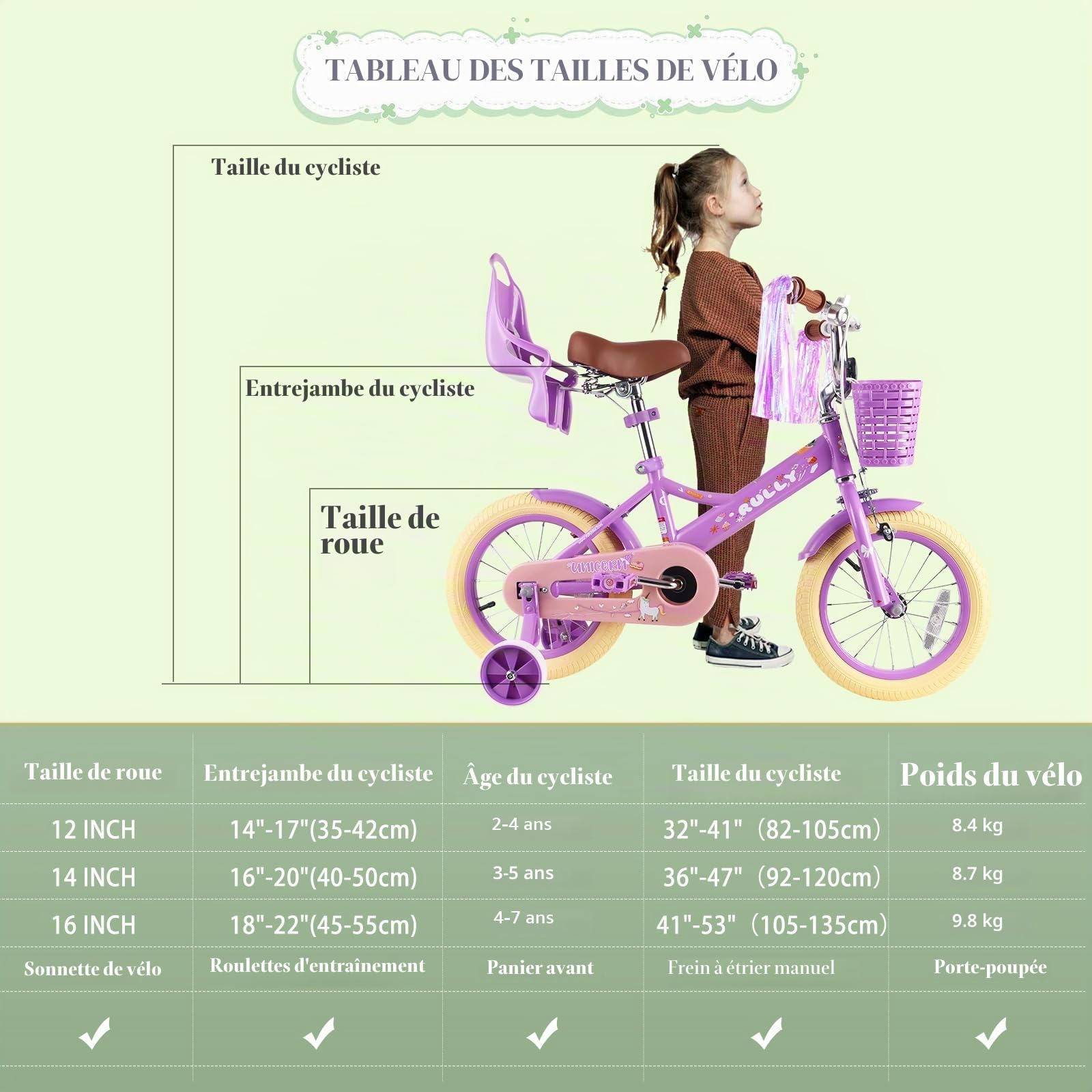 RULLY Vélo Enfant de 16 Pouces pour Filles de 4 à 7 Ans avec Roues stabilisatrices, Frein Avant, Panier, Rubans décoratifs, Violet