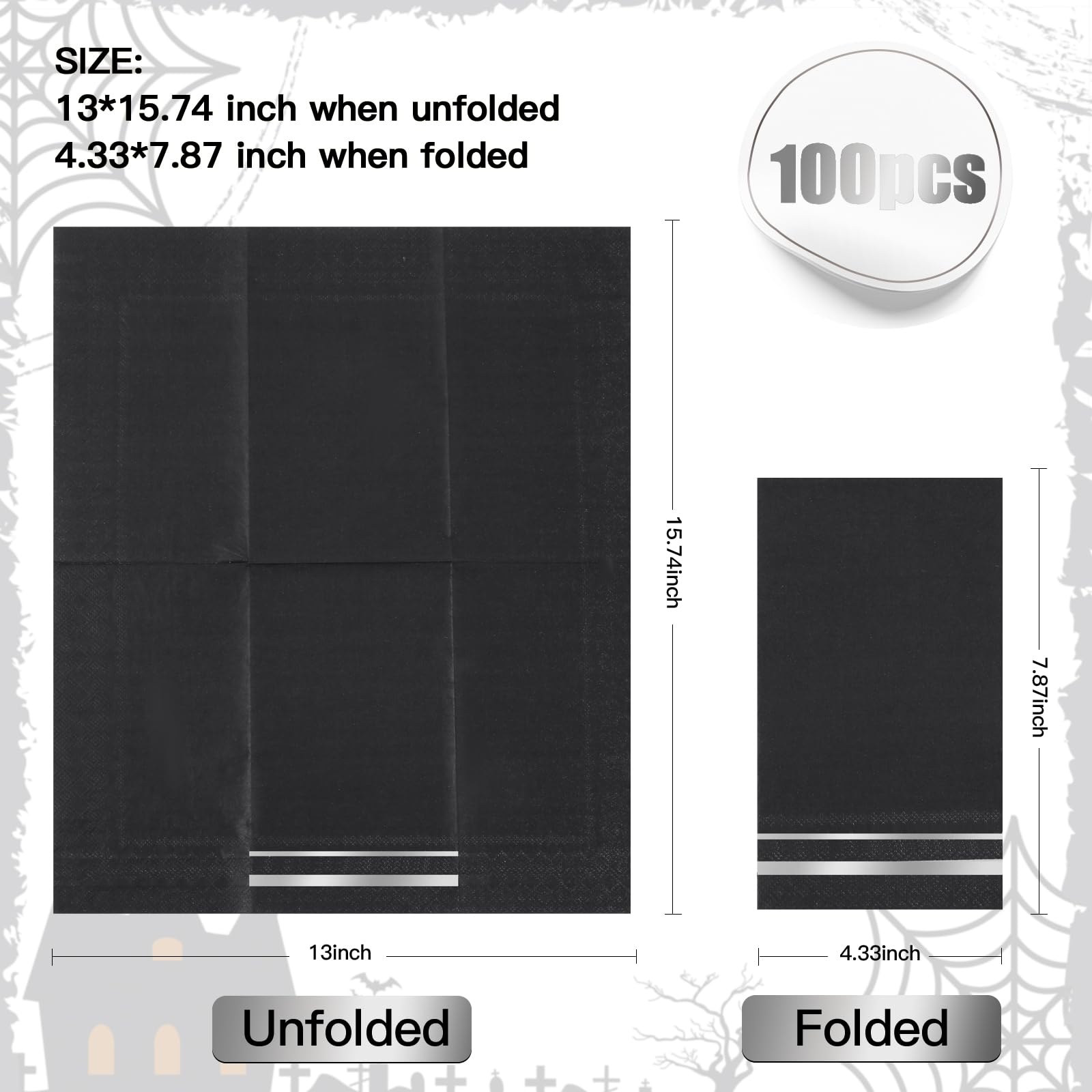 Tamone 100PCS 3-Ply Halloween Paper Napkins - Black Paper Napkins - Black Napkins Disposable - Premium Quality Black and Silver Napkins Soft and Absorbent for Wedding Party Birthday