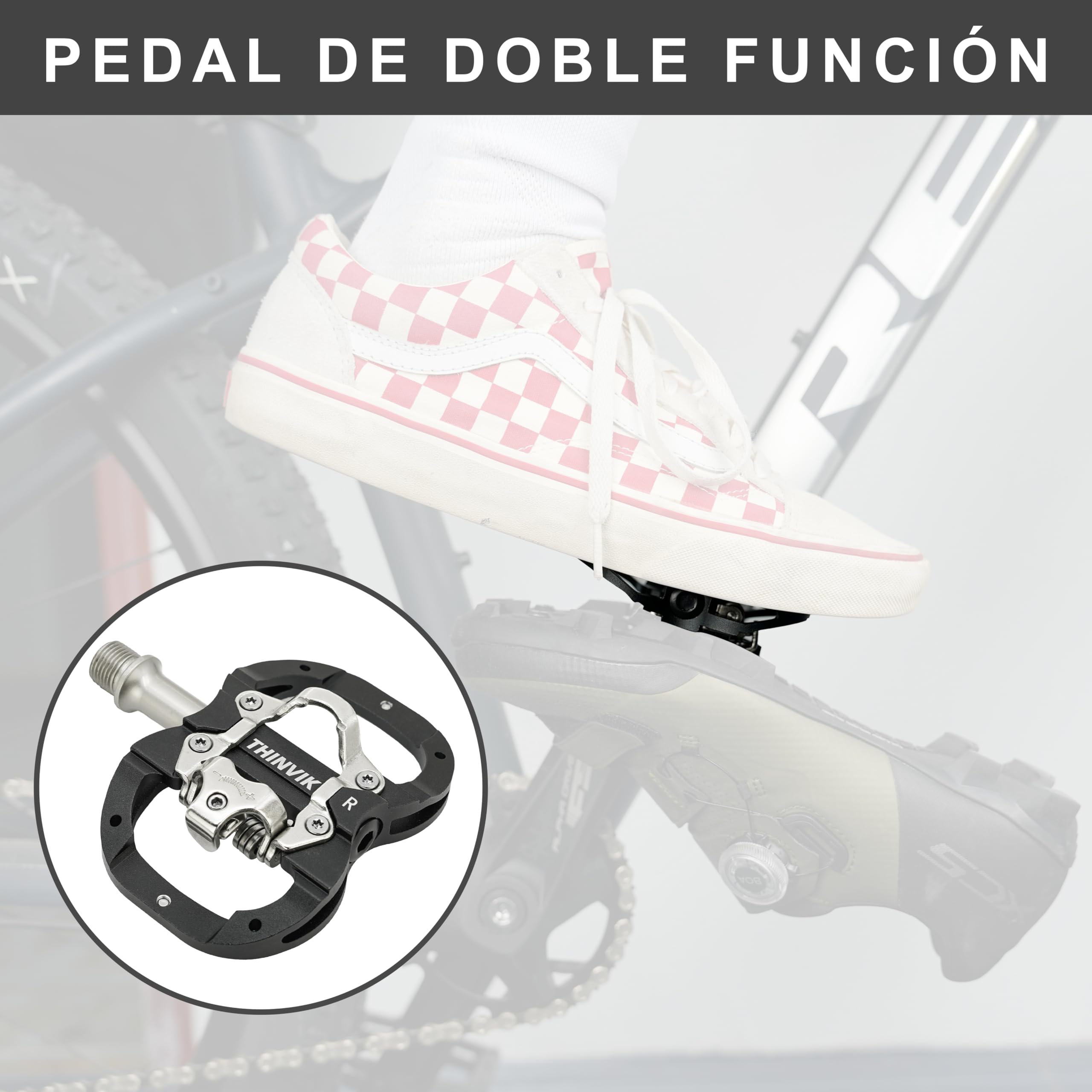 Thinvik Pedales de Bicicleta para Shimano SPD de Doble Función Plataforma y Automáticos para MTB con Calas Compatibles - Pedales de 9/16" Color Negro/Plata