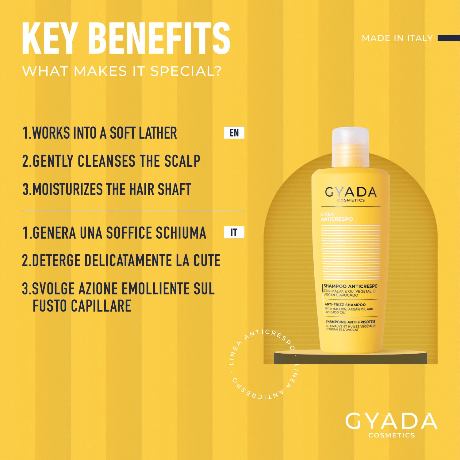 GYADA COSMETICS, Szampon przeciw puszeniu się włosów z podwójnymi końcówkami, odżywczy i dyscyplinujący, sprawia, że włosy stają się miękkie i jedwabiste, na bazie oleju arganowego, 250 ml