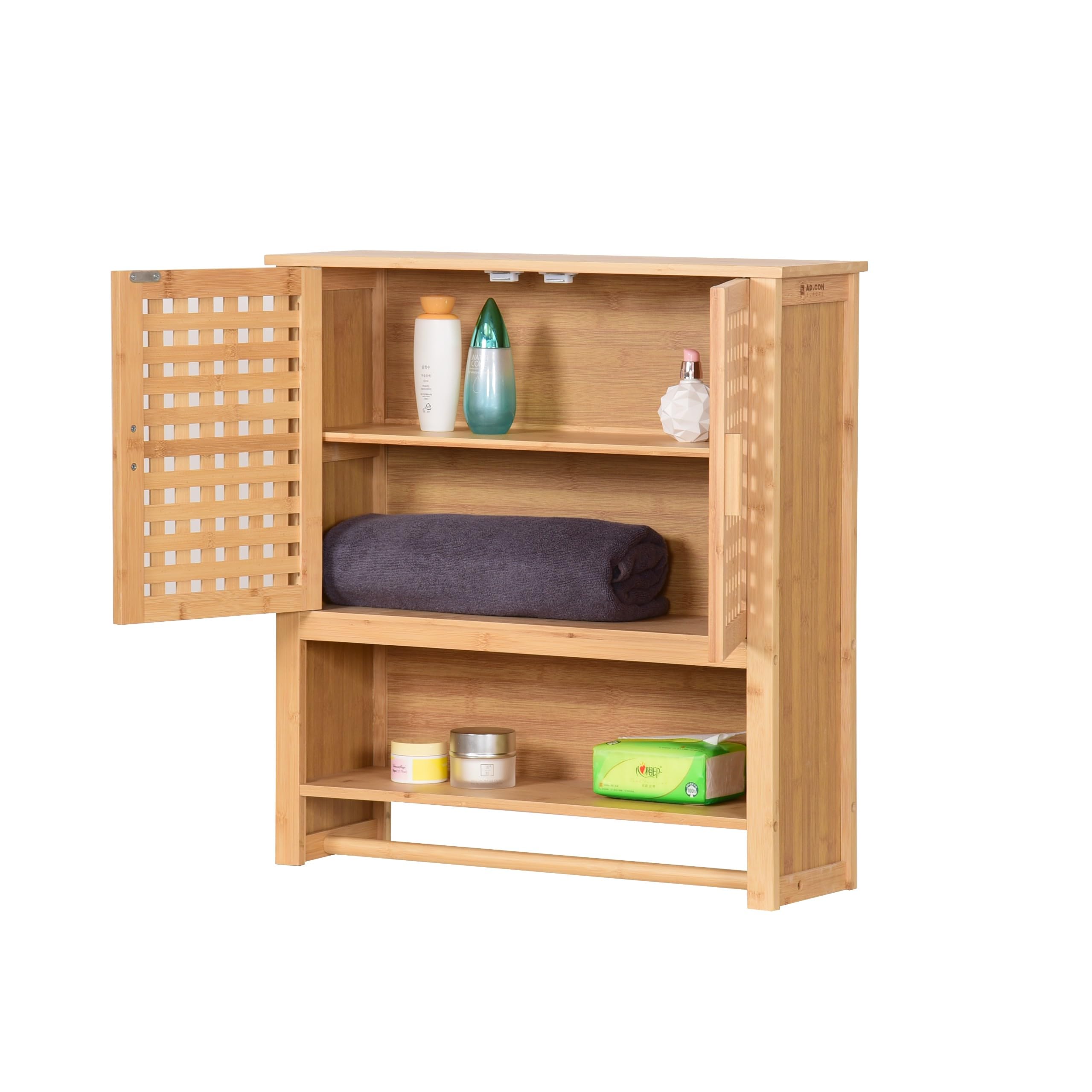 Hängeschrank aus Bambus fürs Badezimmer Wandschrank mit 2 Türen Handtuchhalter & Ablage Badschrank mit Regalfächern Platzsparend 66x62x20cm Natural (Land)