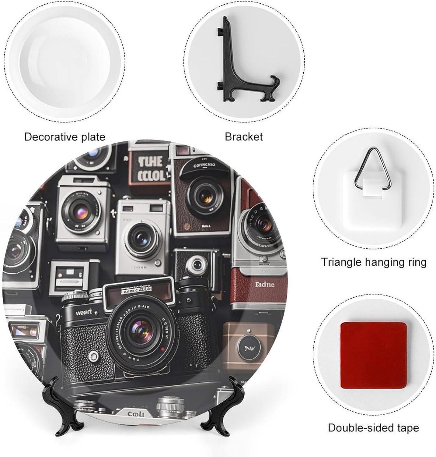 Retro Cool Camera Collection Decorative Ceramic Plate Round Porcelain Plate Decor Personalized Bone China Decorative Plates Ceramic Ornaments Dessert Plates with Display Stand 10inch