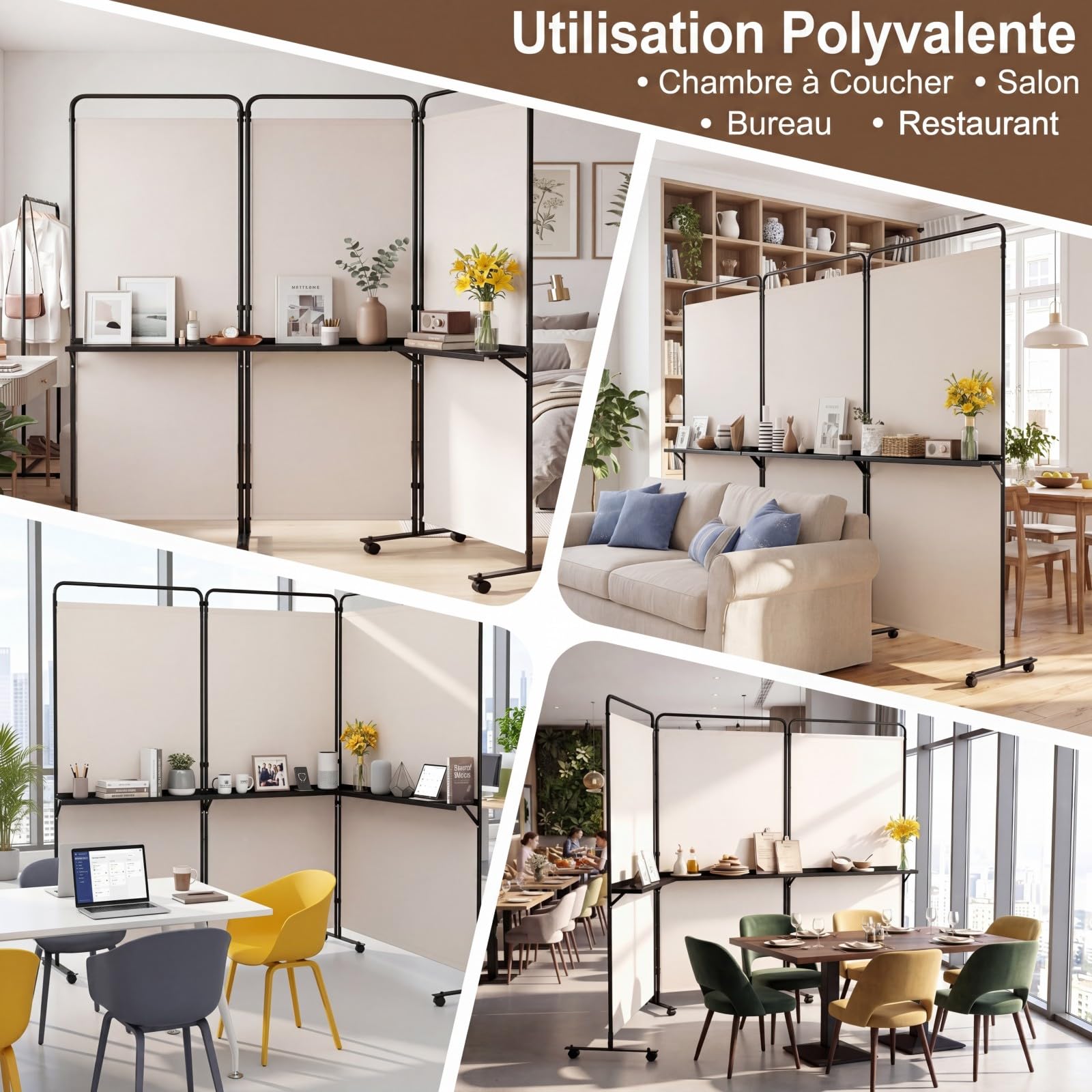 COSTWAY Paravent Interieur 3 Panneaux 259x188cm, 3 Étagères en Métal, Blanc