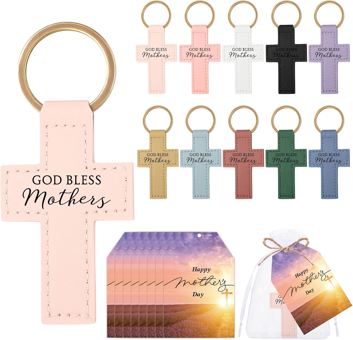 Remuuly 20/30/40/60 Sets Church Gifts for Mother's Day God Bless Mothers Leather Keychains Bulk Christian Keychains for Mom