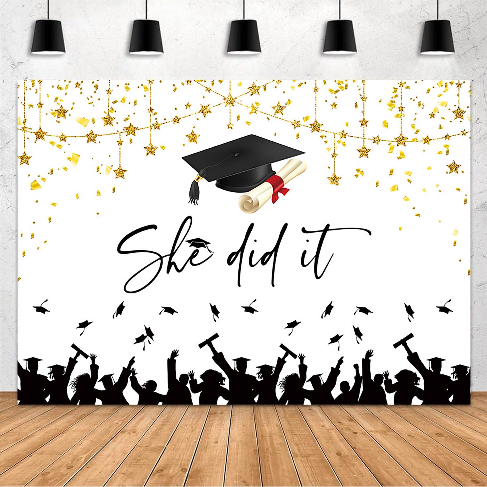 MEHOFOND 7x5ft She Did It Graduation Backdrop Congrats Grads She Did It Photography Background Graduate Party Decorations Banner for Girl Gold Star