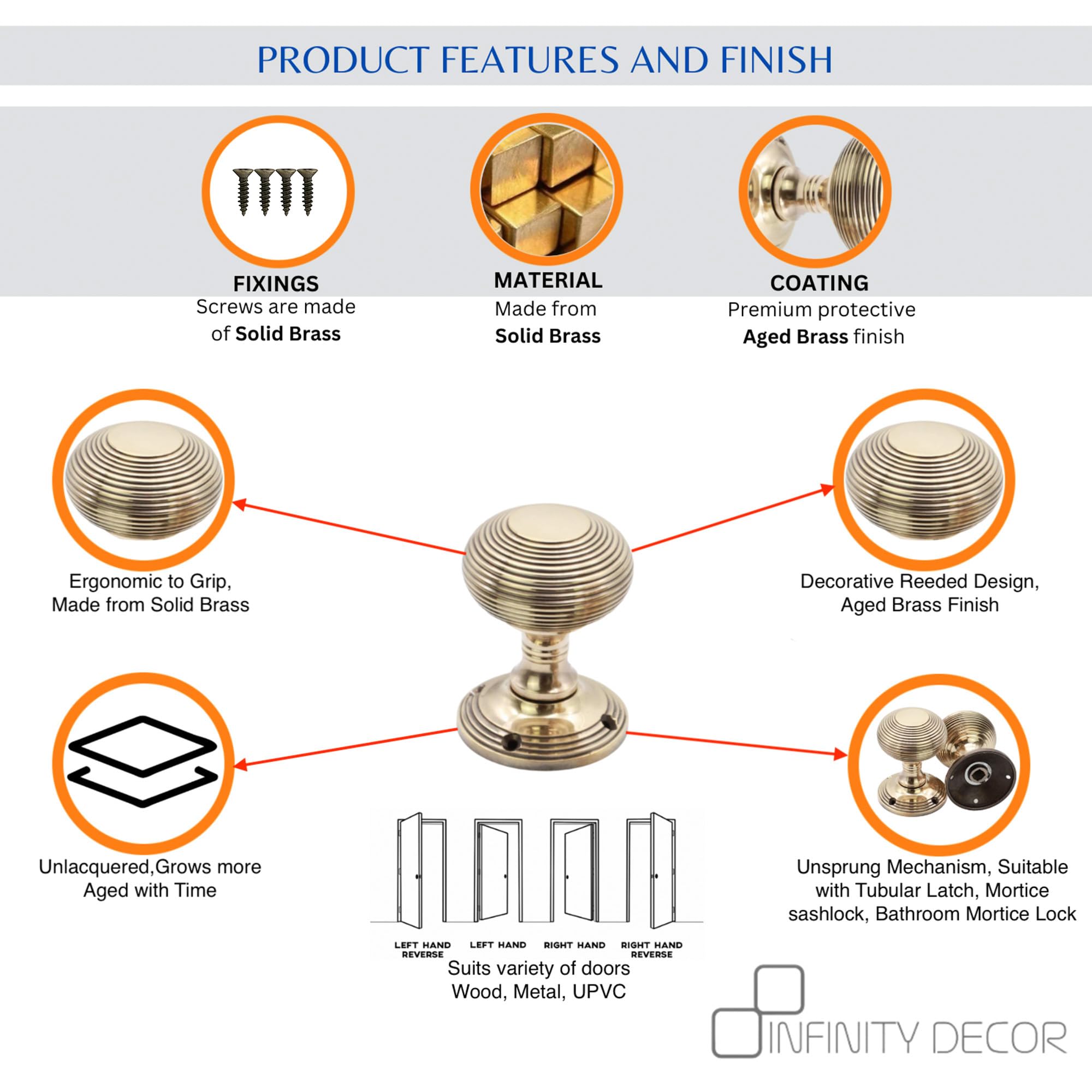 Infinity Decor Pair of Solid Brass Beehive Mortice Door Knobs in Aged Brass Finish - Image 3