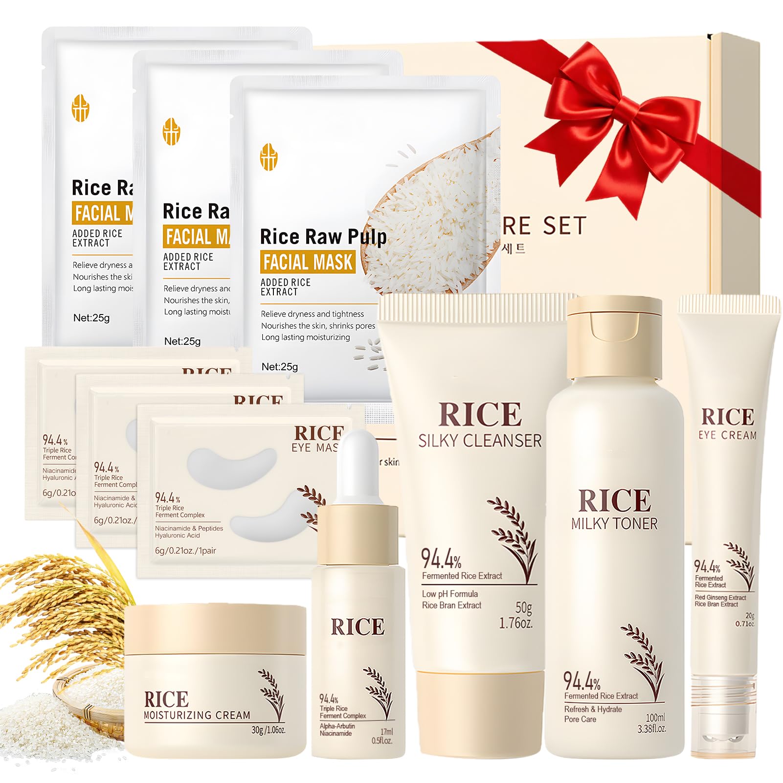 Riso Kit Skincare Viso Completo, 11 Pezzi Riso Set Skincare, Skin Care Coreana Set Completo con Detergente, Maschera, Maschera, Rice Toner, Contorno Occhi, Idrata e Nutre, Lasciando la Pelle Radiosa