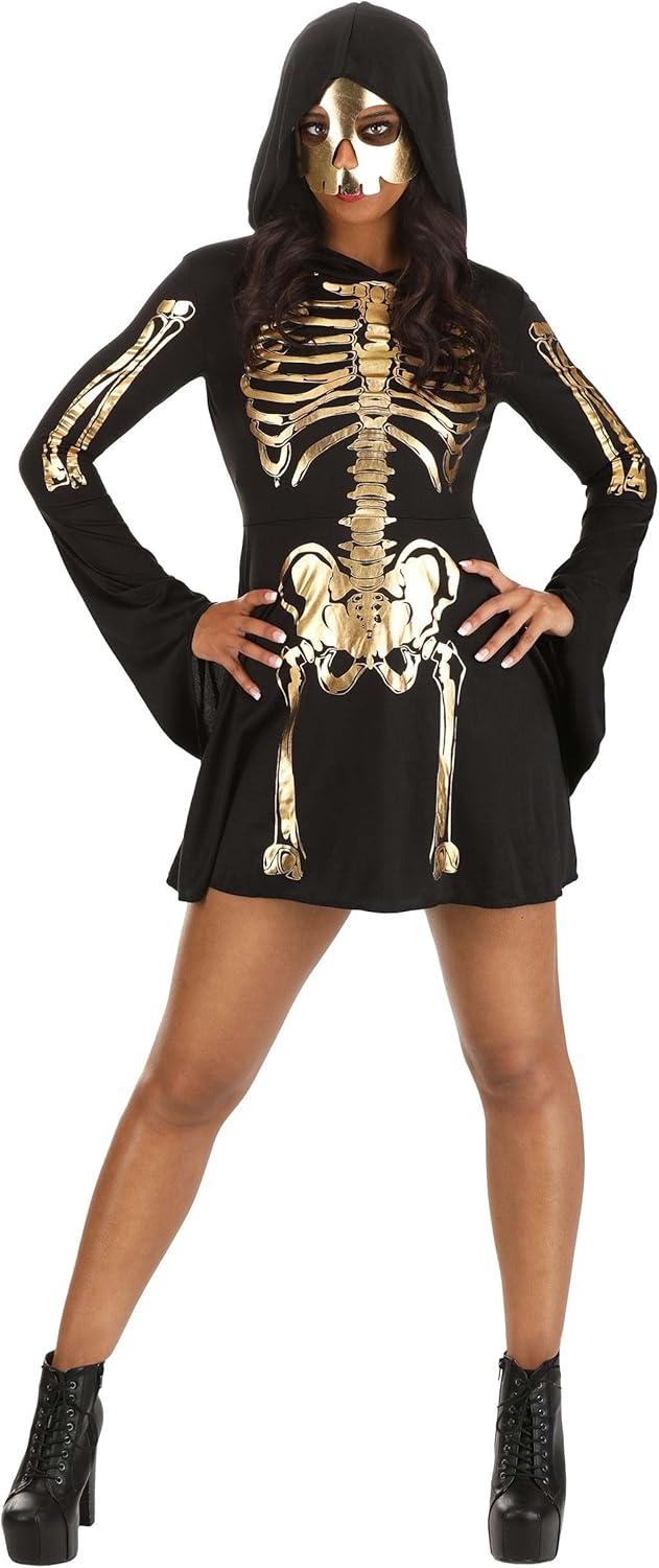 Women's Gilded Golden Skeleton Costume Dress with Hooded Design & Mask - Halloween Skeleton Outfit for Women