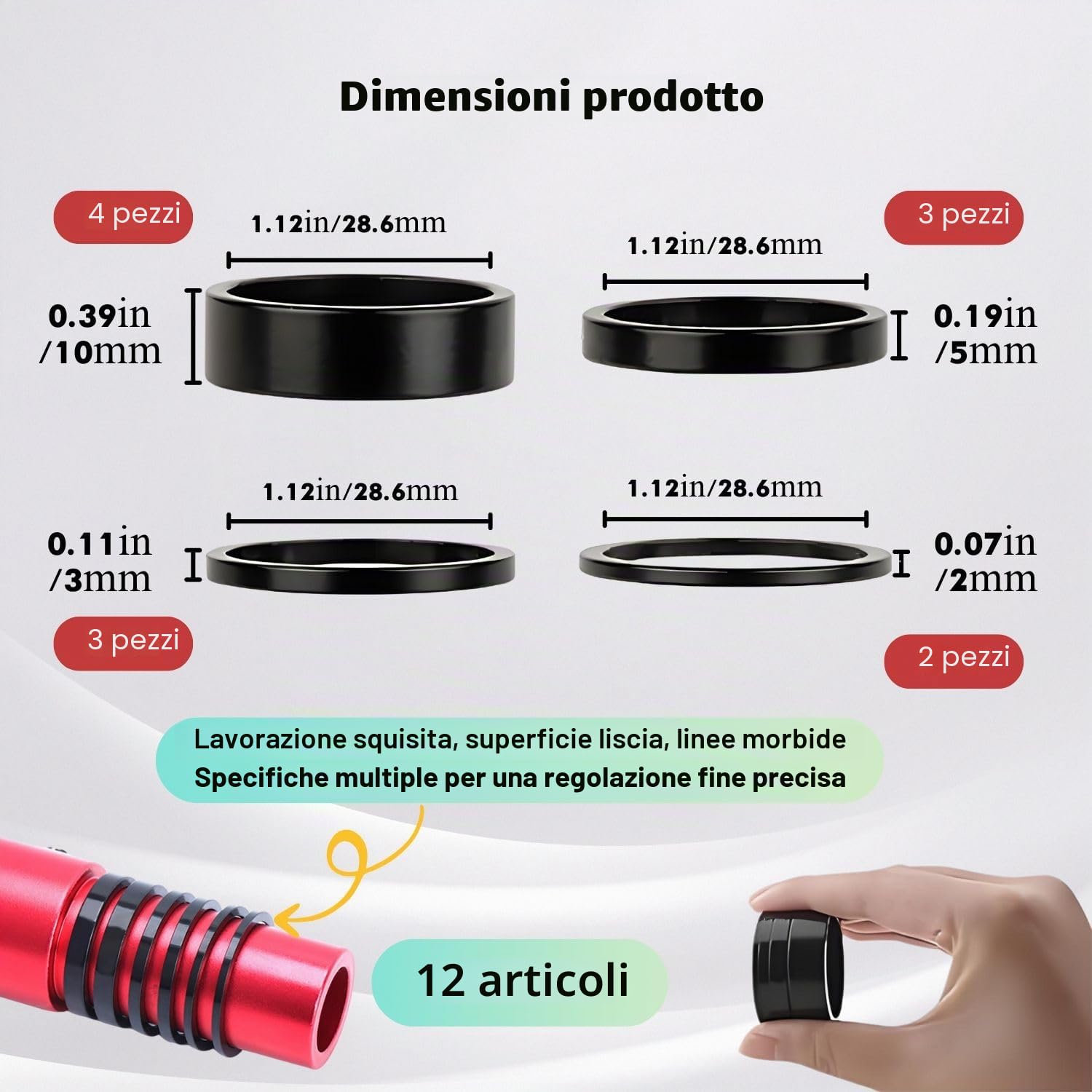 12 Pezzi Distanziali Bici 1 1/8 Pollice in Alluminio, Alza Manubrio 2 3 5 10mm per Attacco Ahead, Spessori MTB Bici da Corsa City Bike Sterzo